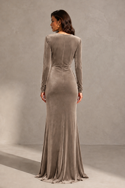 BOLODOO Taupe Velvet Long Sleeve V-Neck Ruched Evening Gown - Taupe