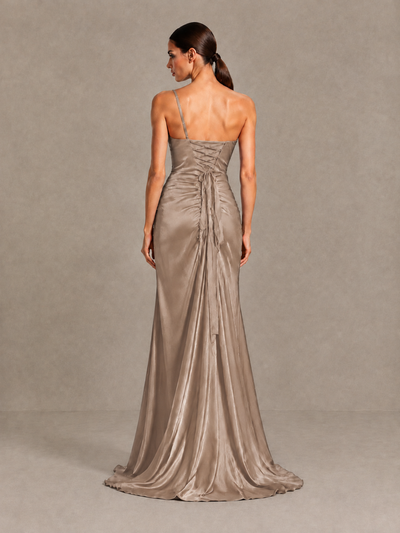 BOLODOO Taupe One Shoulder Satin Evening Gown with High Slit and Sweep Train - Taupe - Taupe_2