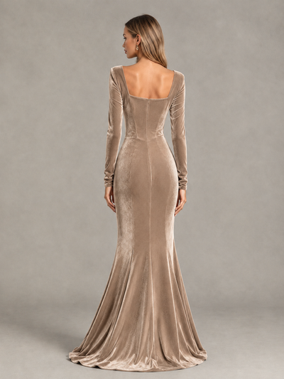 BOLODOO Taupe Velvet-Look Square Neck Long Sleeve Mermaid Evening Dress - Taupe - Taupe_2