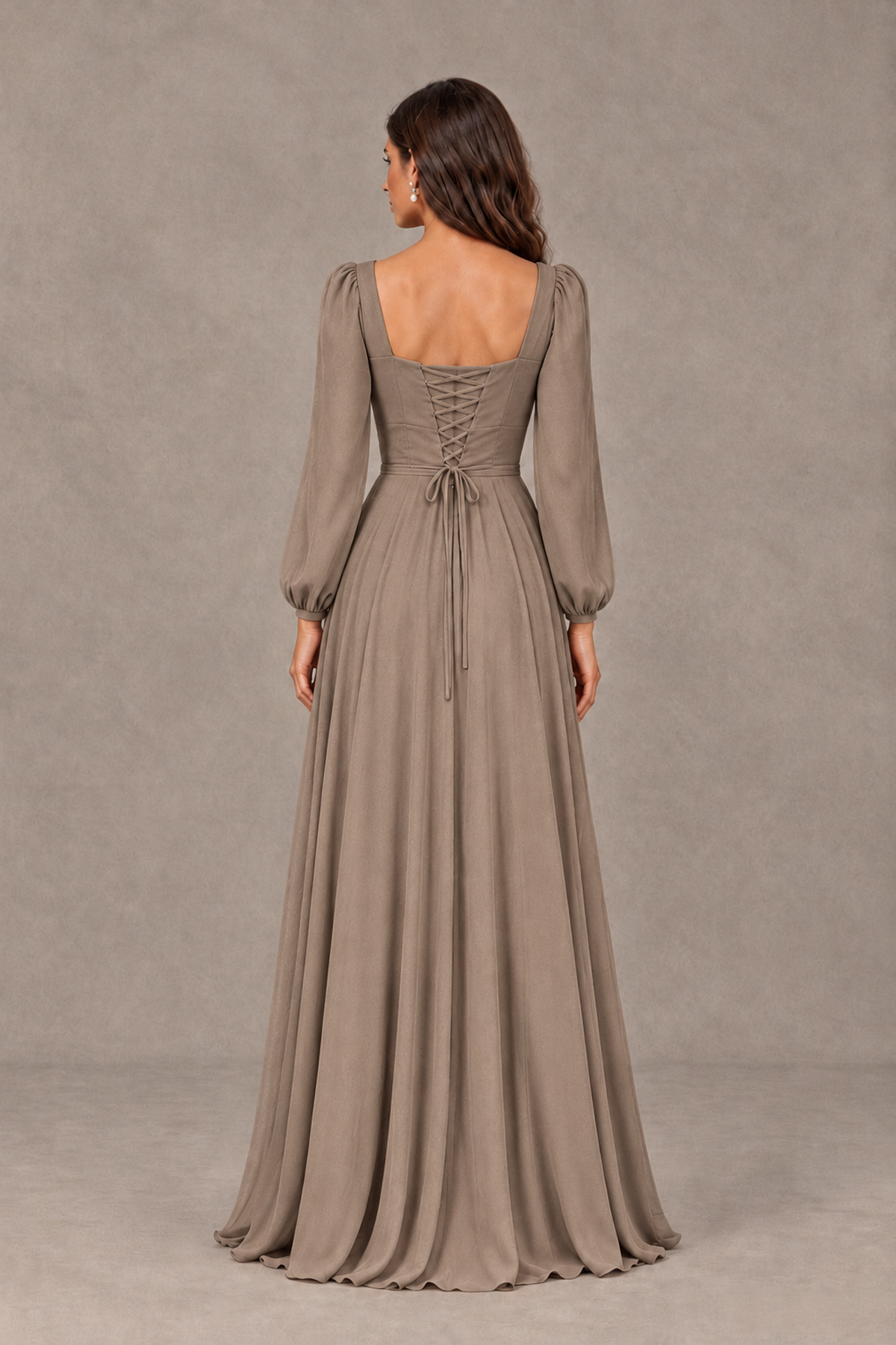 BOLODOO Taupe Square Neck Long Sleeve A-Line Bridesmaid Dress - Taupe - Taupe_2