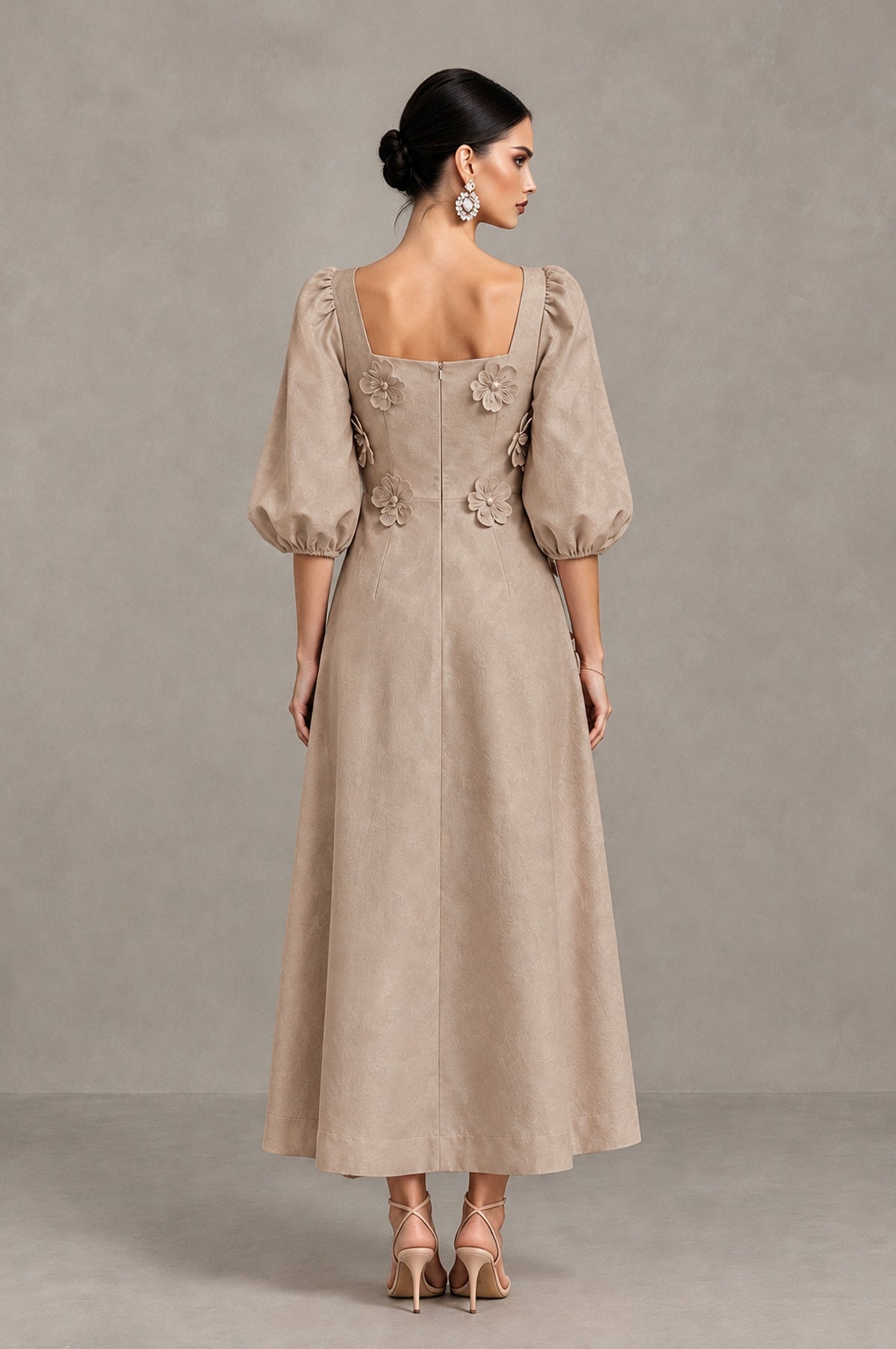 BOLODOO Taupe 3D Floral Puff Sleeve Midi Cocktail Dress - Taupe - Taupe_2