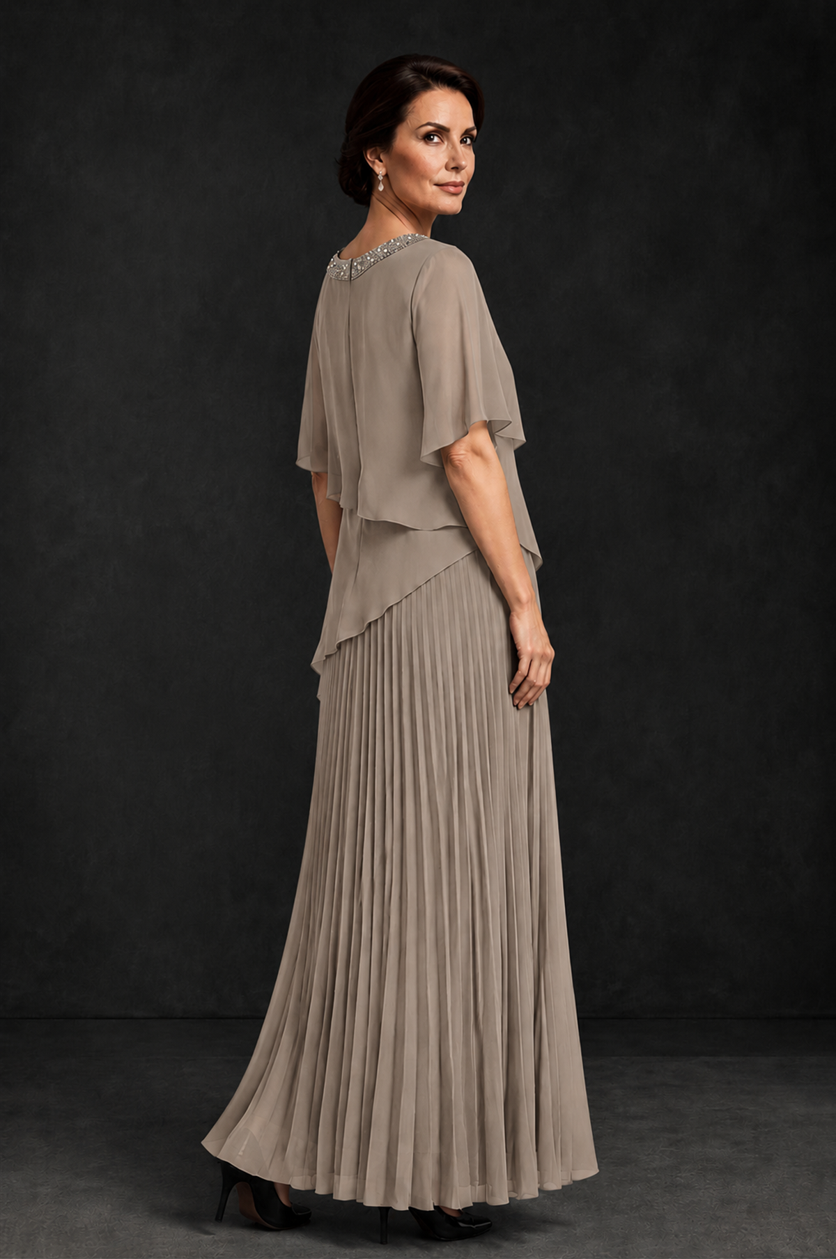 BOLODOO Taupe Pearl Beaded Neck Asymmetric Tiered Flutter Sleeve Pleated Chiffon Maxi Dress - Taupe - Taupe_2