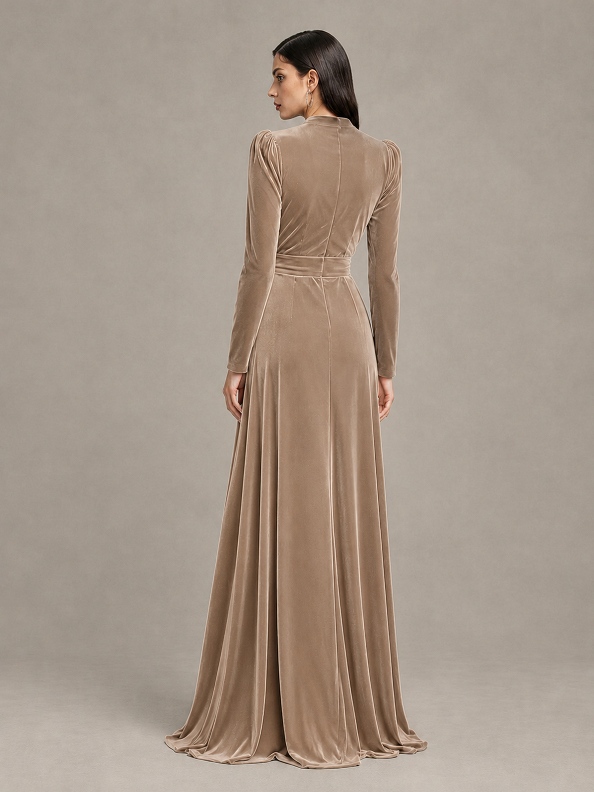 BOLODOO Taupe Long Sleeve Velvet-Look Evening Dress with High Slit - Taupe - Taupe_2