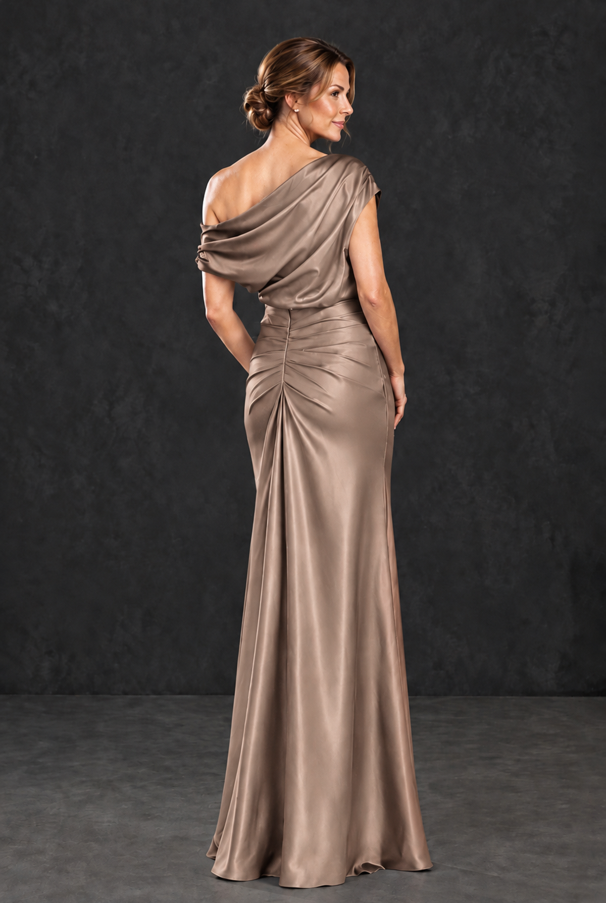 BOLODOO Taupe Asymmetric Ruched Mother of the Bride Dress - Taupe - Taupe_2