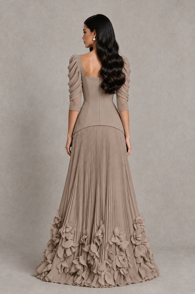 BOLODOO Taupe Square Neck Pleated Floral Applique Evening Dress - Taupe - Taupe_2