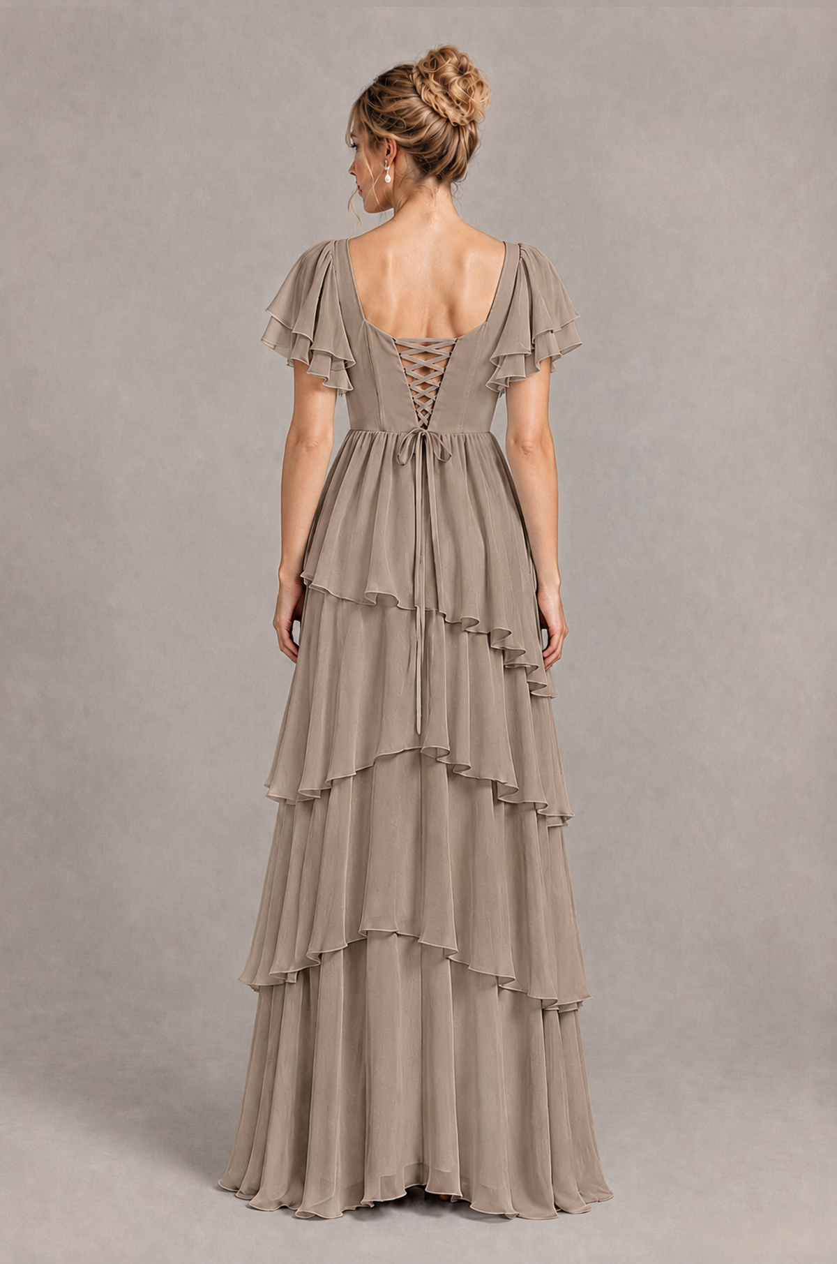 BOLODOO Taupe Square Neck Flutter Sleeve Tiered Chiffon Bridesmaid Dress with Lace-Up Back - Taupe - Taupe_2