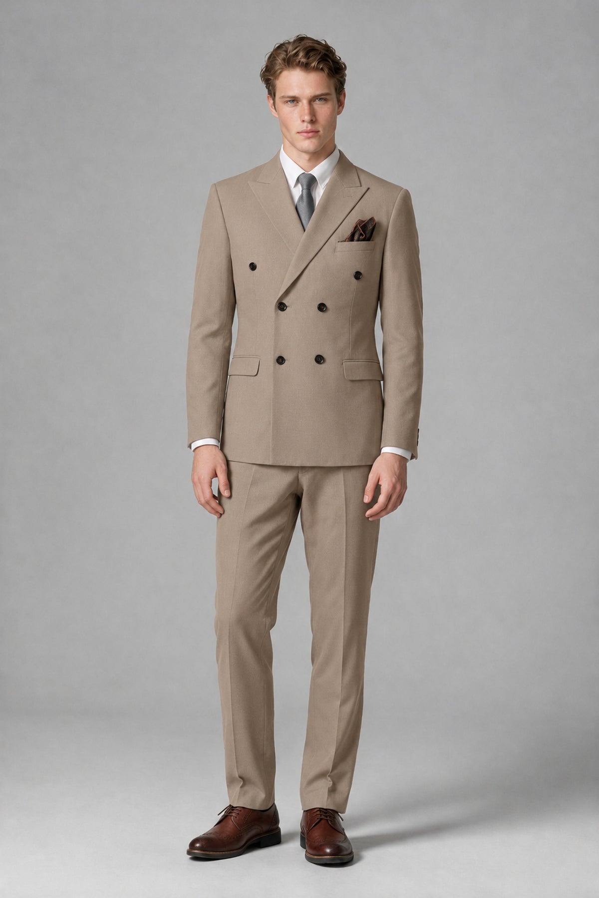 Bolodoo Men's Taupe Double-Breasted Two-Piece Suit with Peak Lapels - Taupe - Taupe_2