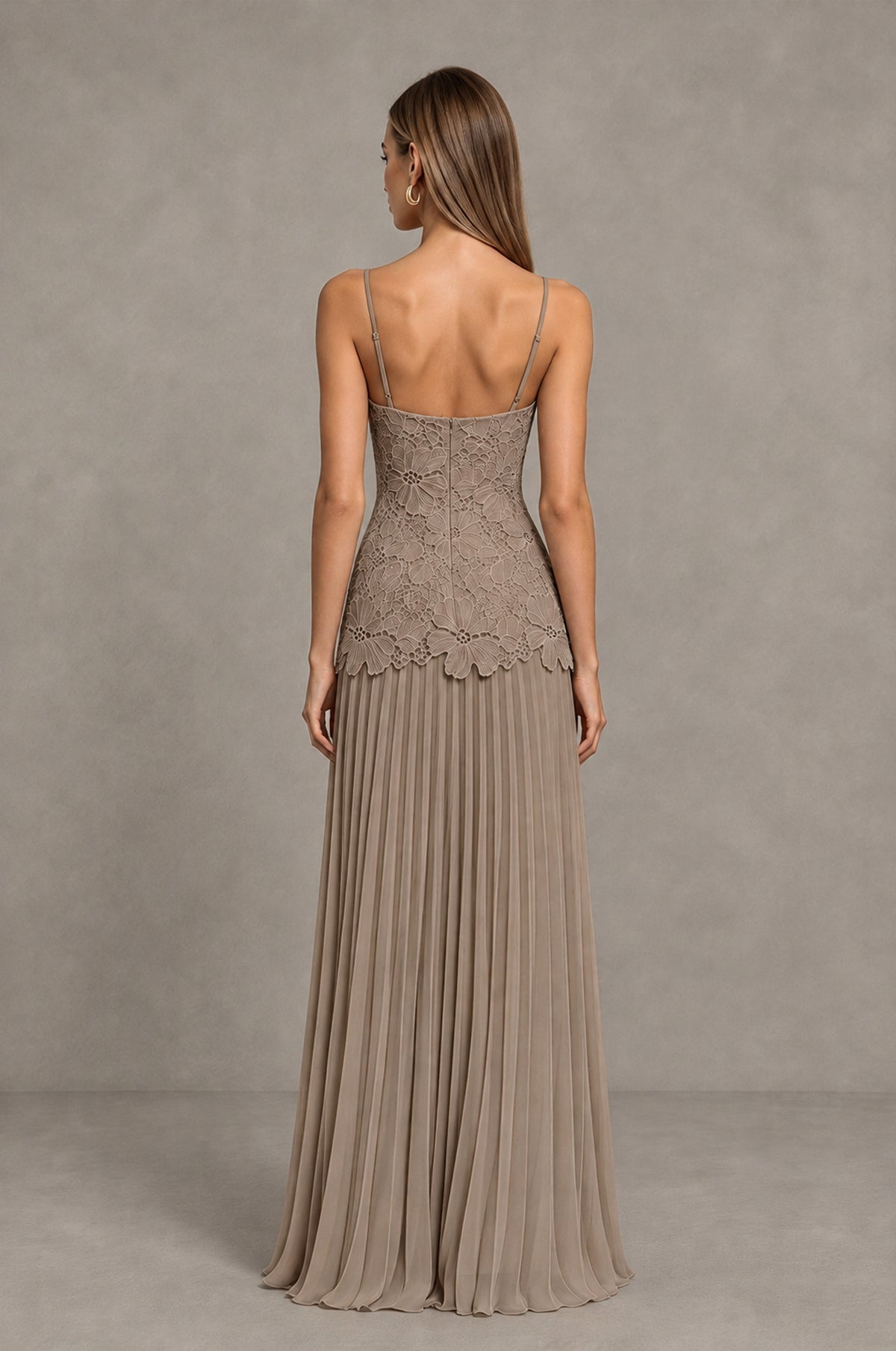 BOLODOO Taupe Lace Bodice Pleated Wedding Guest Dress - Taupe - Taupe_2