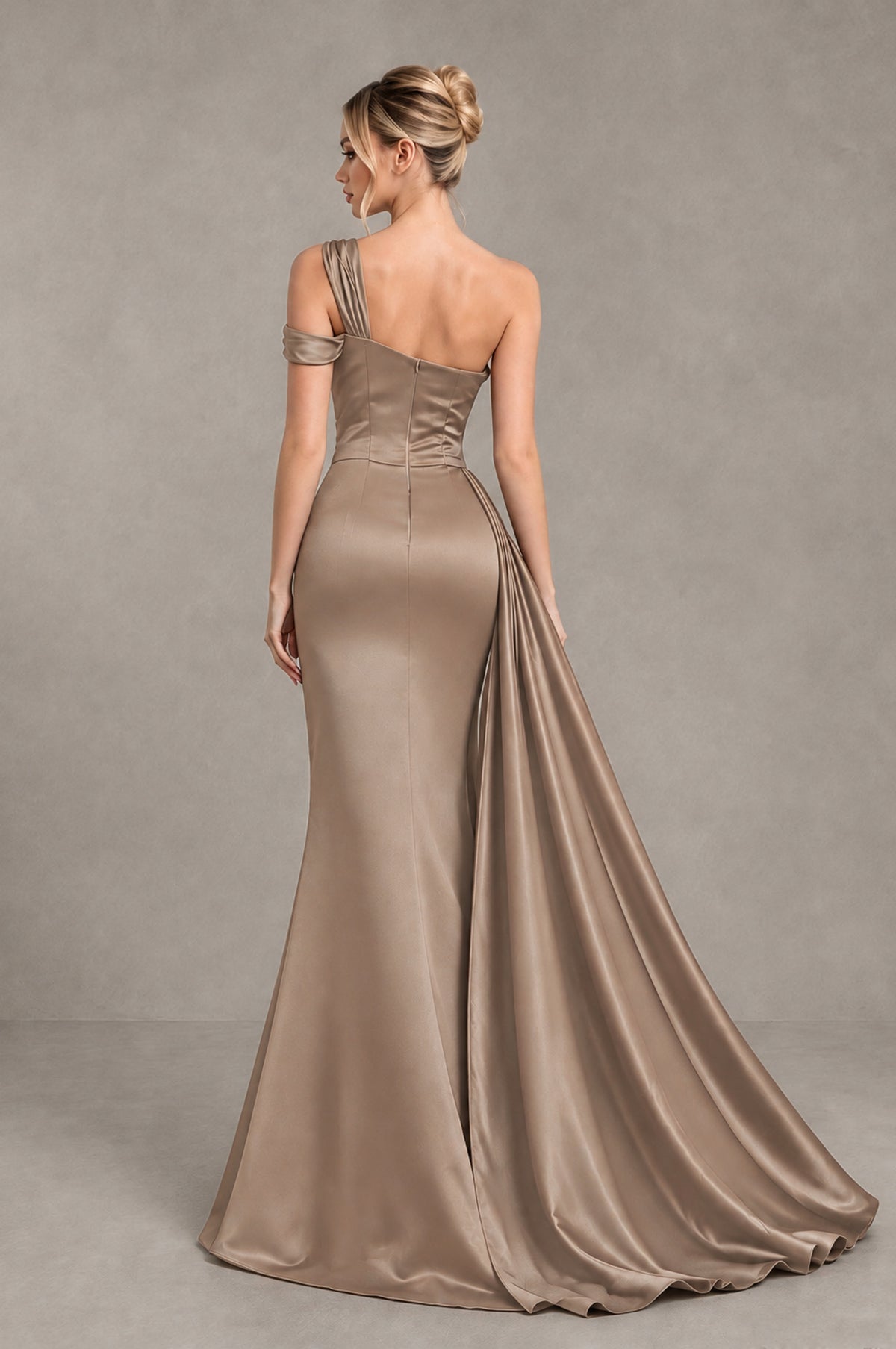 BOLODOO Taupe Asymmetric Ruched Formal Evening Dress - Taupe - Taupe_2