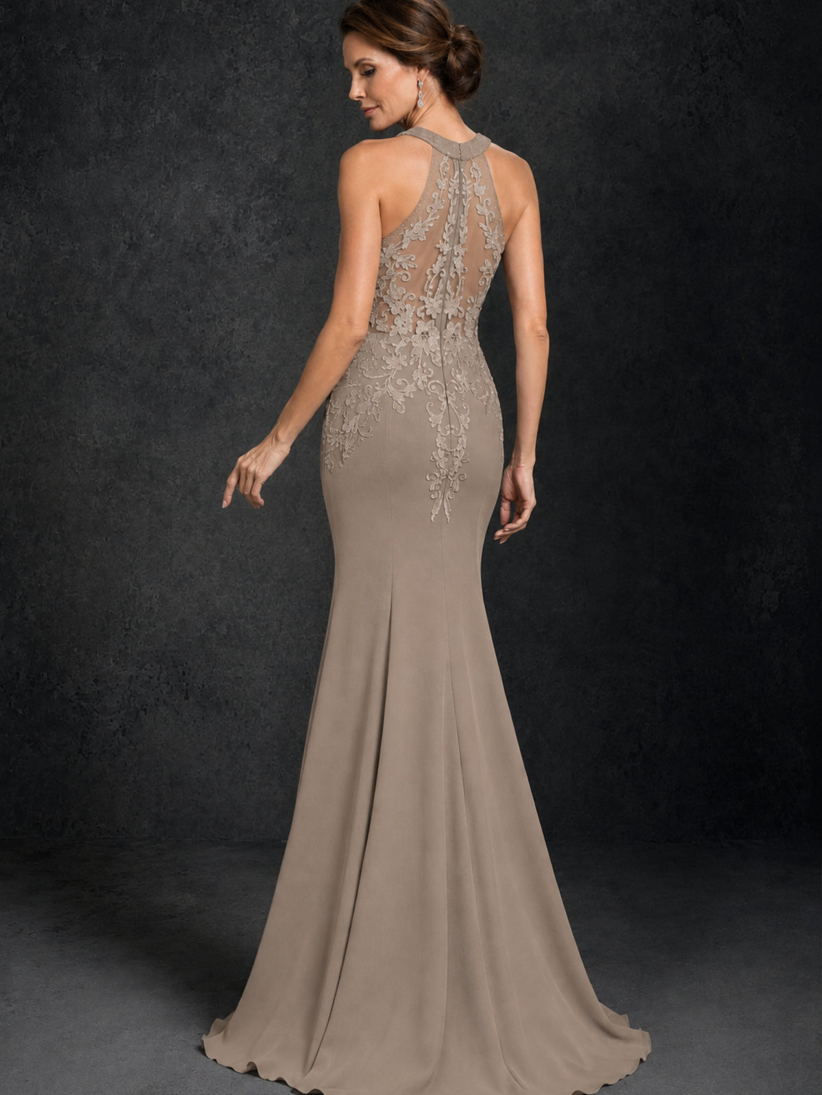 BOLODOO Taupe Lace Applique Halter Neck Sheer Back Mermaid Maxi Dress with Sweep Train - Taupe