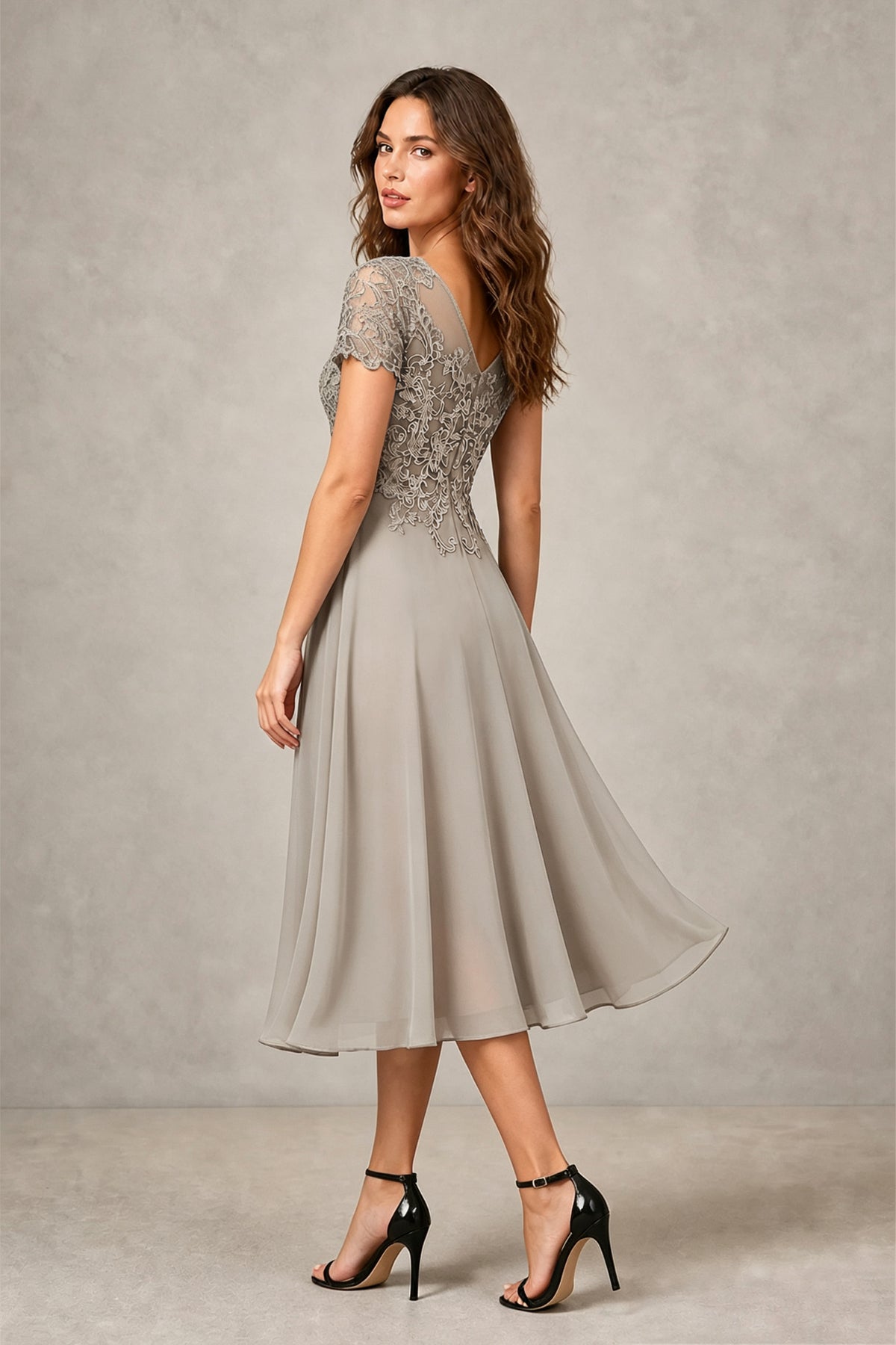 BOLODOO Steel Taupe Beaded Lace Illusion Bodice Chiffon Tea-Length Dress | Mother of the Bride & Cocktail Party - Taupe