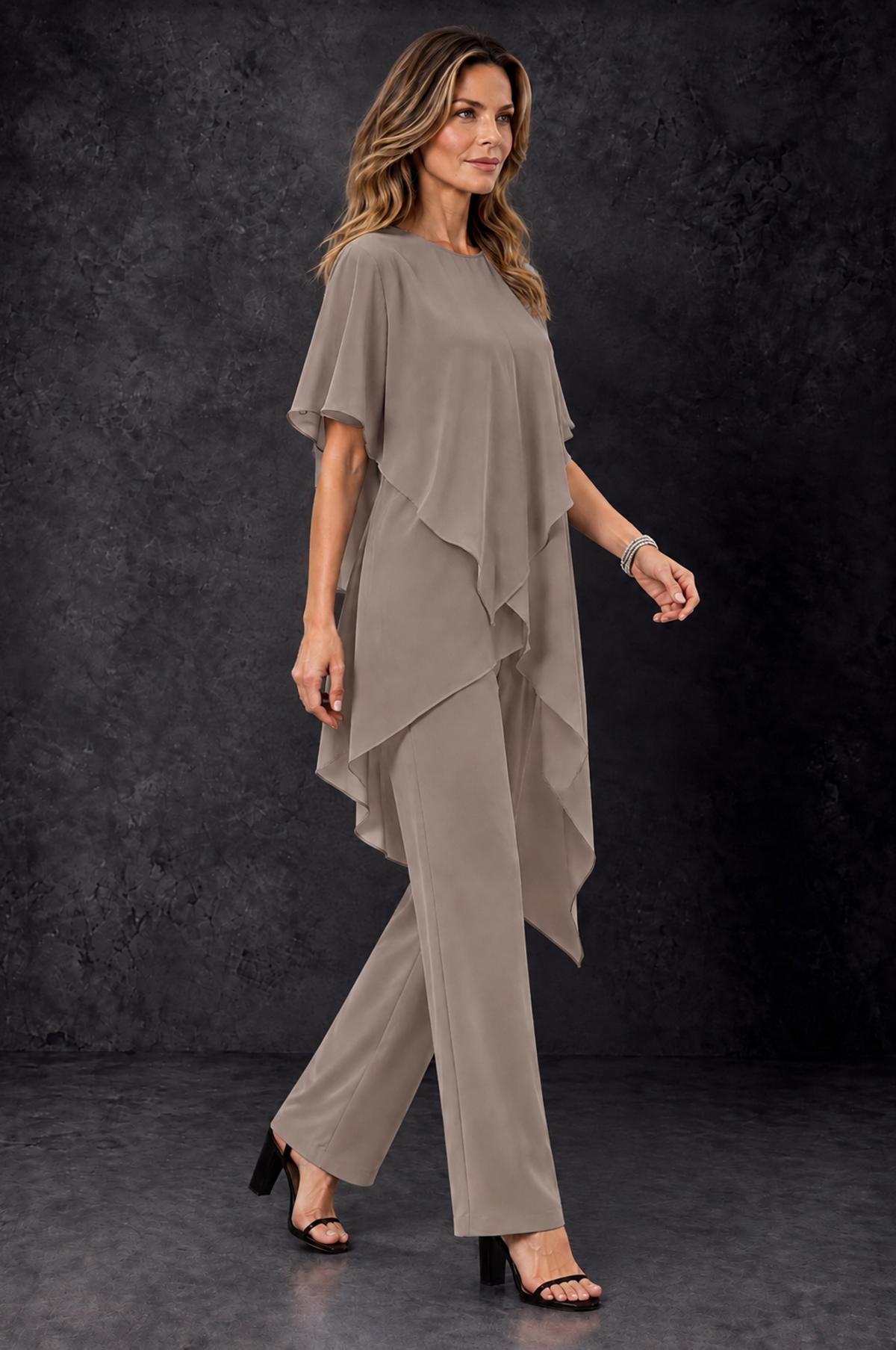 BOLODOO Taupe Chiffon Two Piece Mother of the Bride Pant Suit - Taupe - Taupe_2