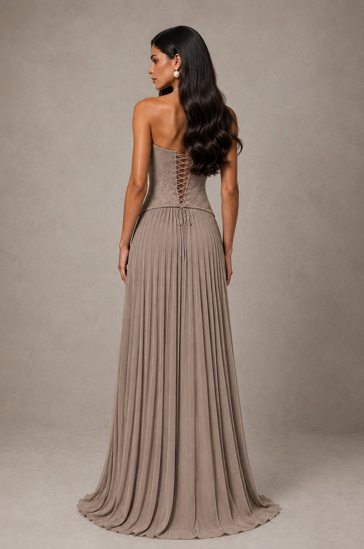 BOLODOO Taupe Halter Corset Pleated A-Line Evening Dress - Taupe - Taupe_2