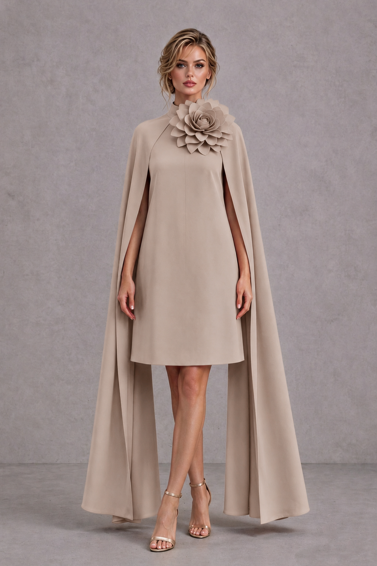 BOLODOO Taupe High Neck Floral Cape Mini Cocktail Dress - Taupe - Taupe_2