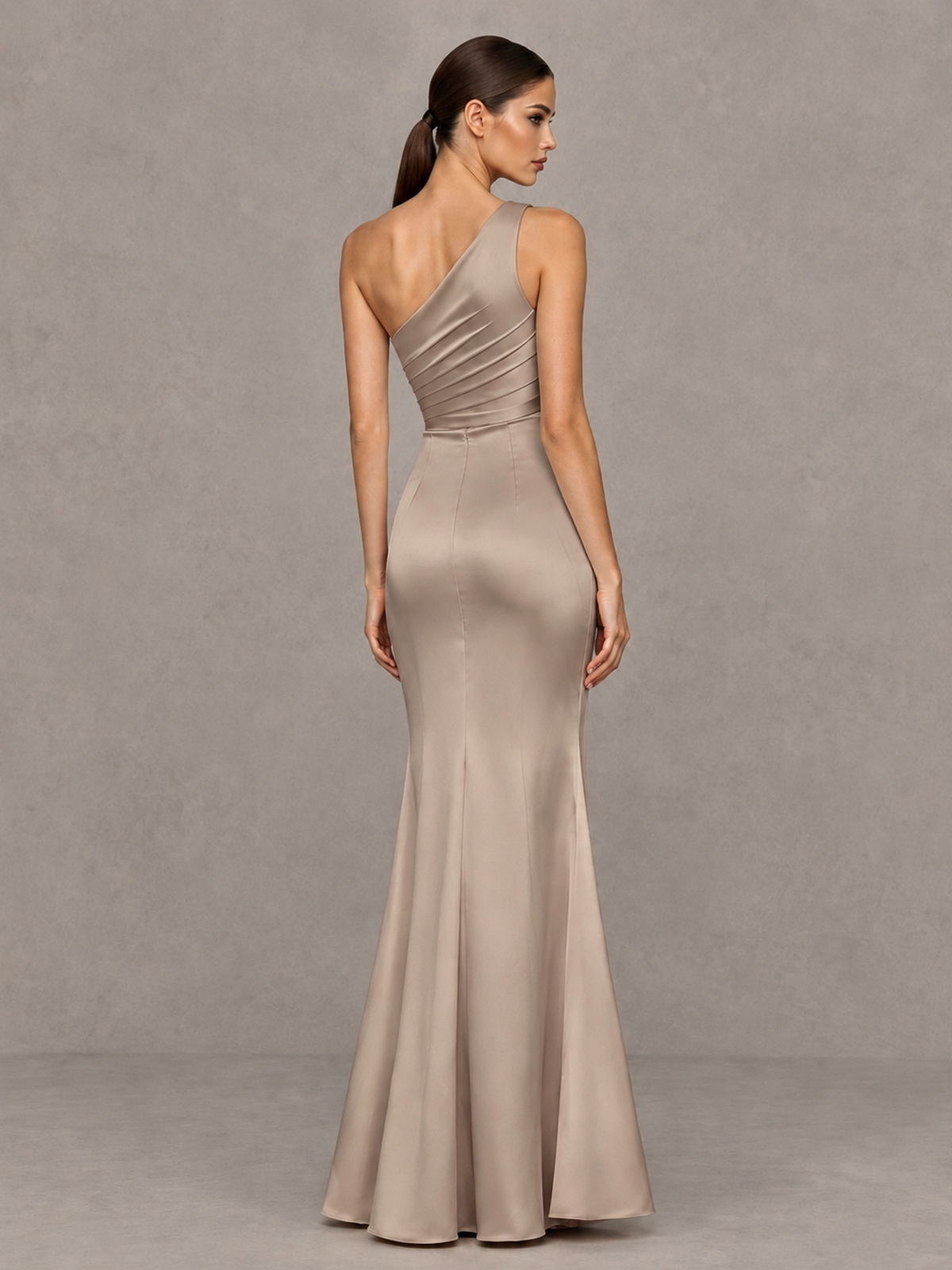 BOLODOO Taupe One-Shoulder Ruched Satin-Look Evening Gown with High Slit - Taupe - Taupe_2