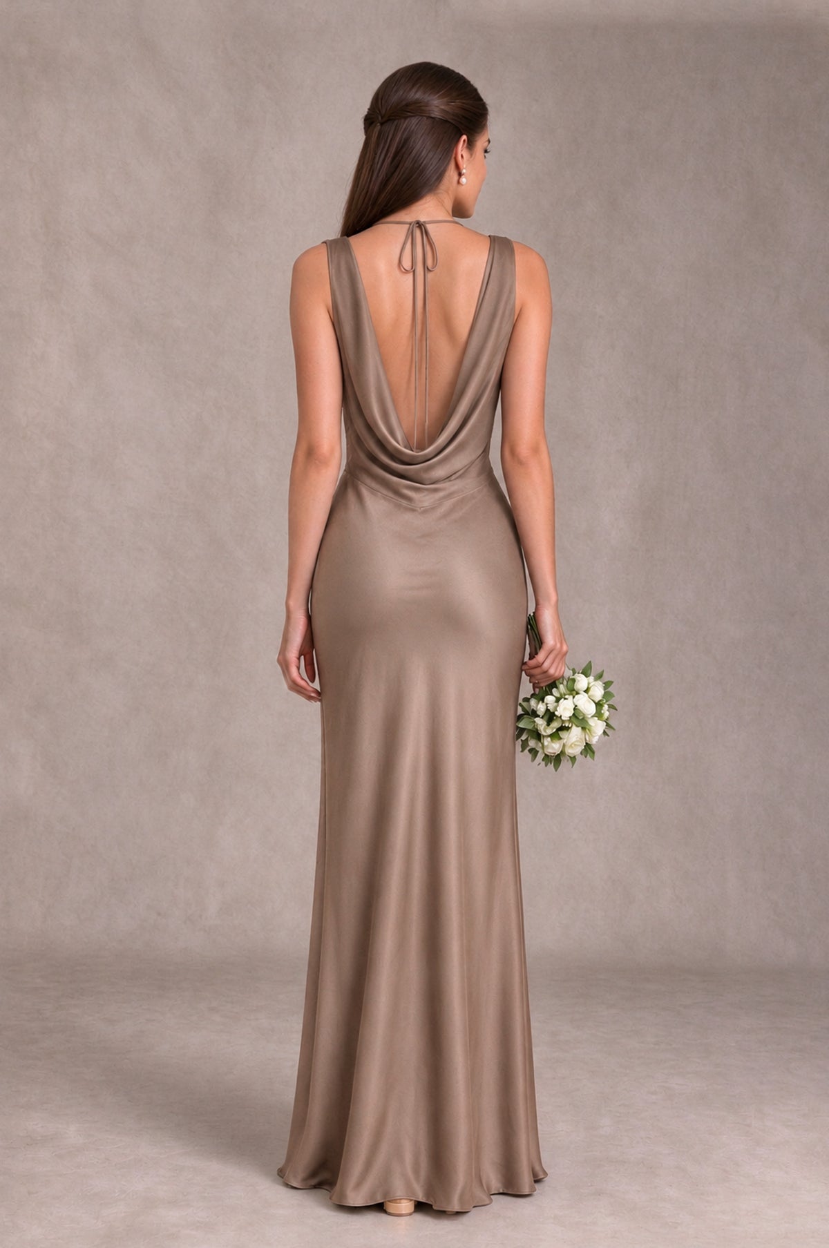 BOLODOO Taupe Cowl Neck Open Back Satin Bridesmaid Dress - Taupe - Taupe_2