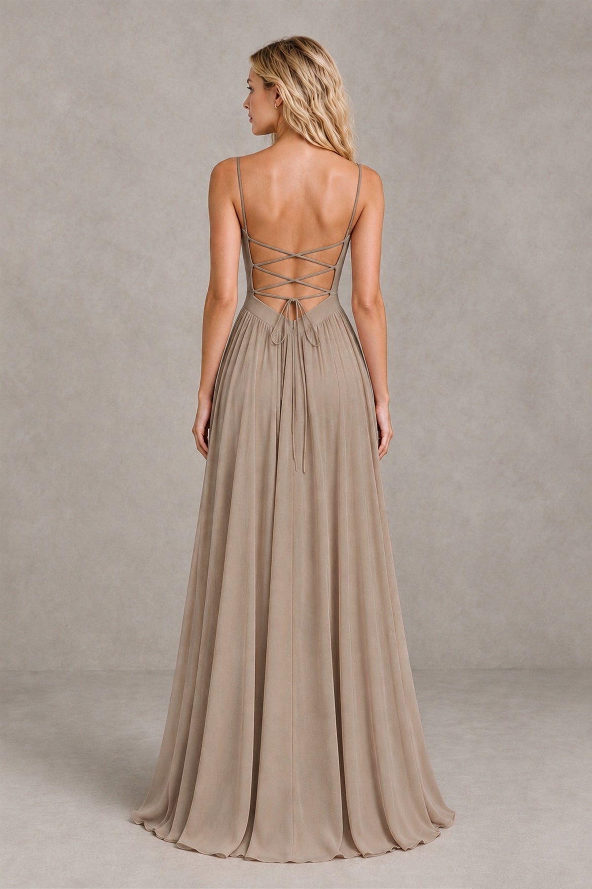 BOLODOO Taupe Spaghetti Strap A-Line Bridesmaid Dress with Slit - Taupe - Taupe_2
