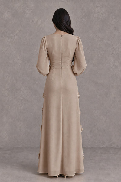 BOLODOO Taupe Long Sleeve Floral Applique A-Line Evening Dress - Taupe - Taupe_2