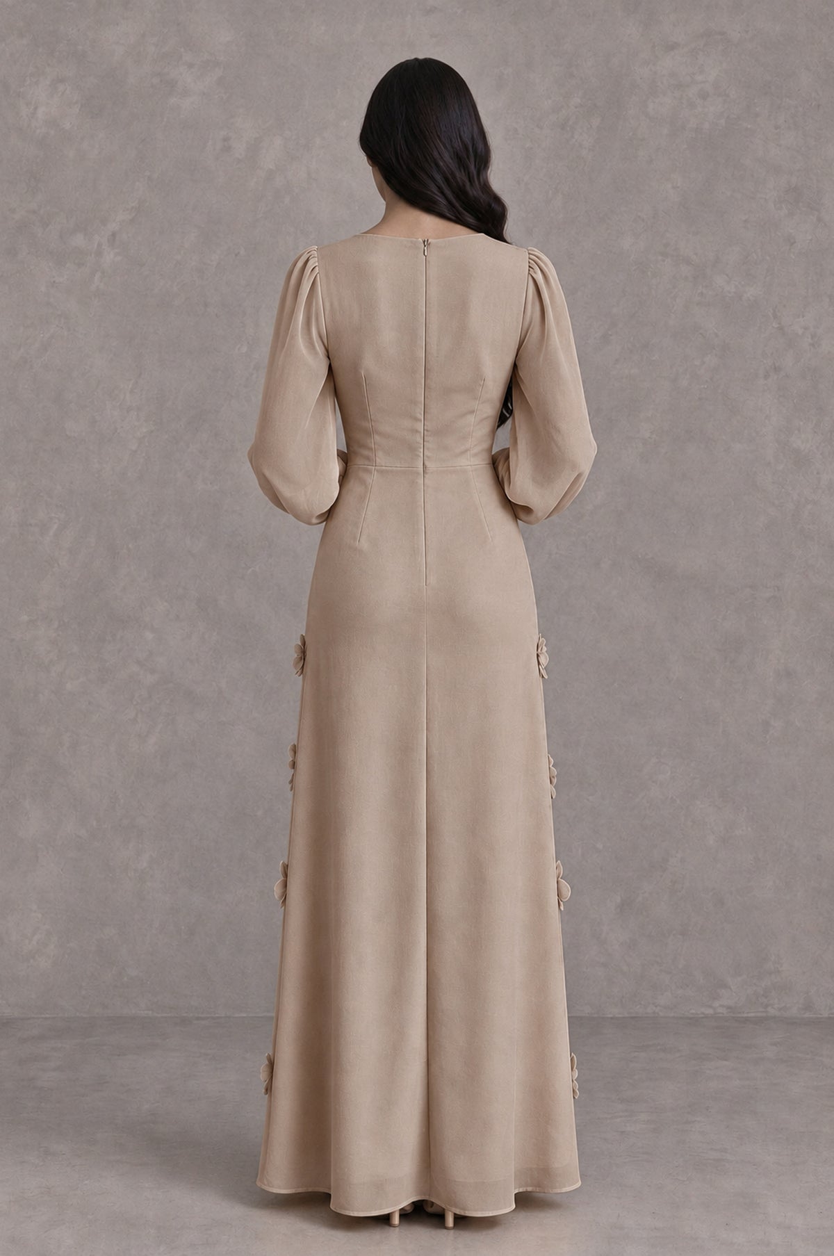 BOLODOO Taupe Long Sleeve Floral Applique A-Line Evening Dress - Taupe - Taupe_2