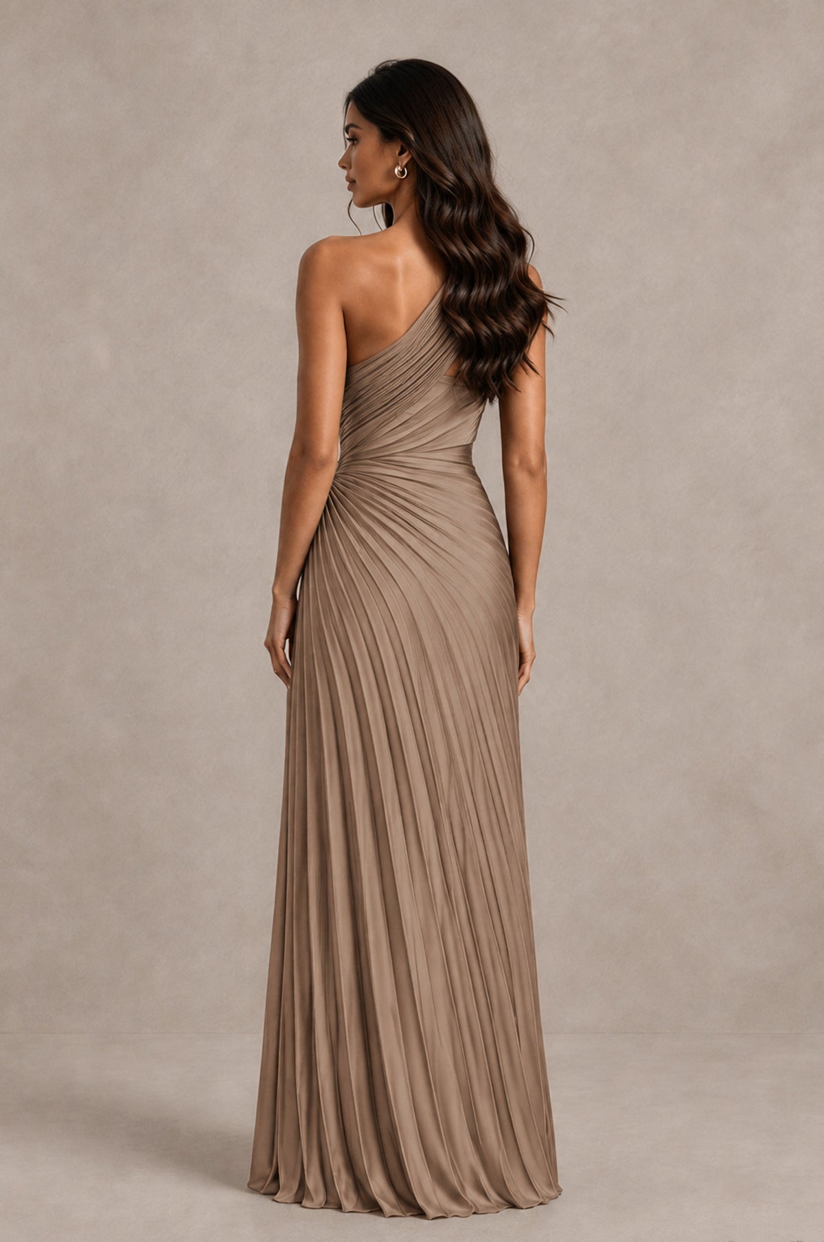 BOLODOO Taupe One Shoulder Pleated Evening Dress with Ruched Waist and High Slit - Taupe - Taupe_2