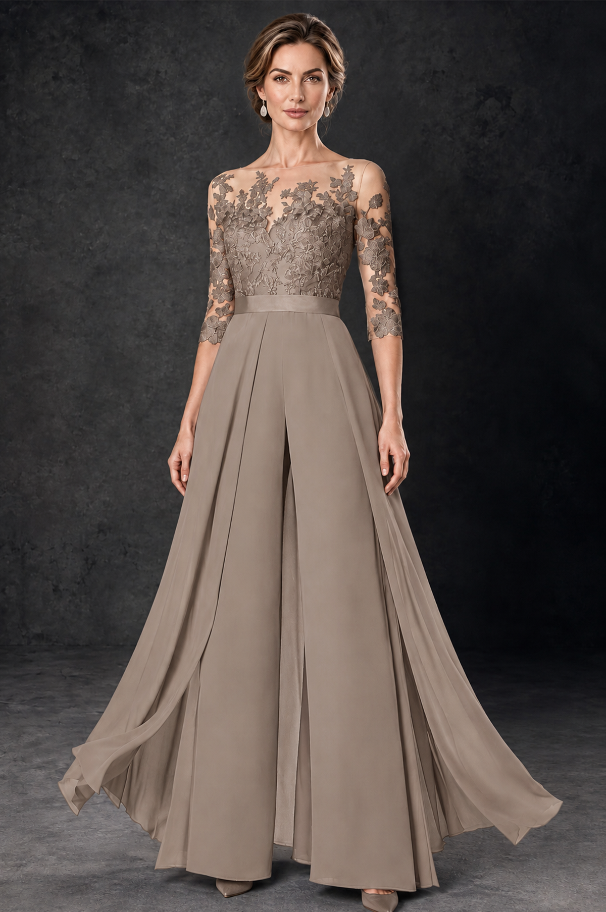 BOLODOO Taupe Lace Wide-Leg Jumpsuit with Three-Quarter Sleeves - Taupe - Taupe_2