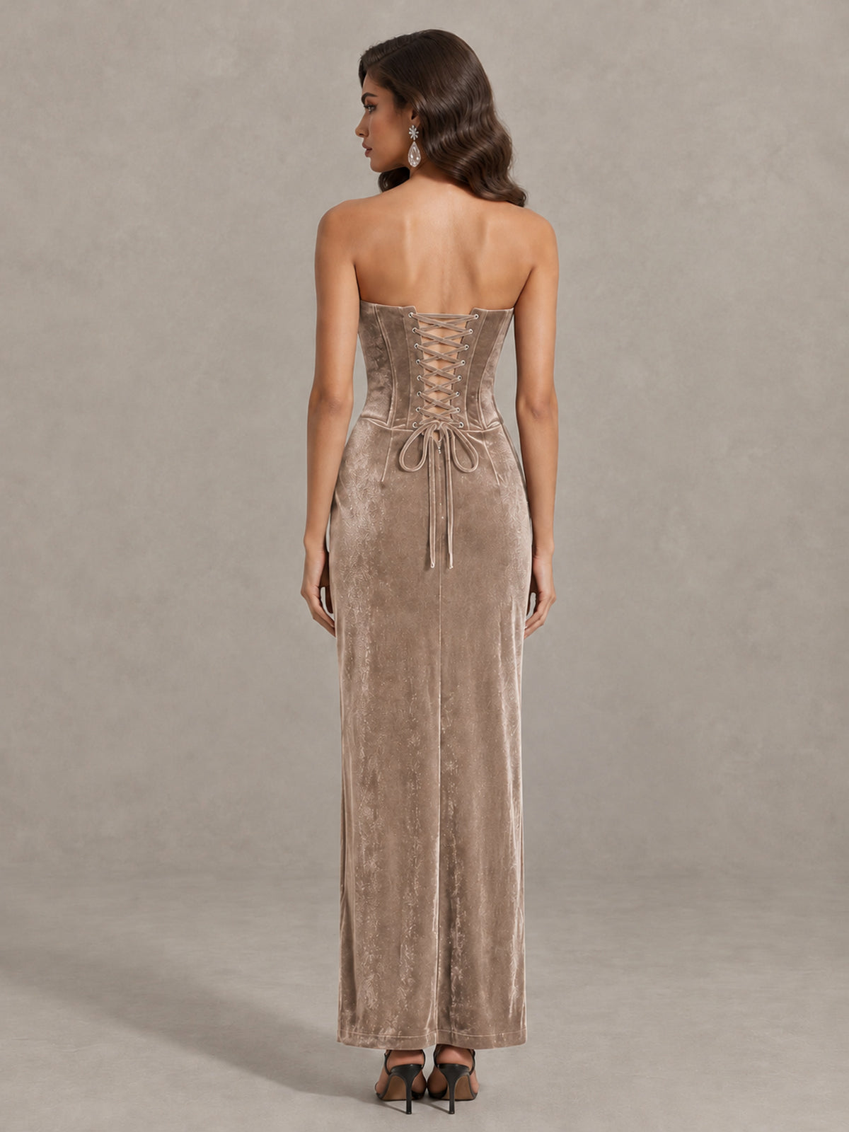 BOLODOO Taupe Strapless Velvet Cocktail Maxi Dress - Taupe - Taupe_2