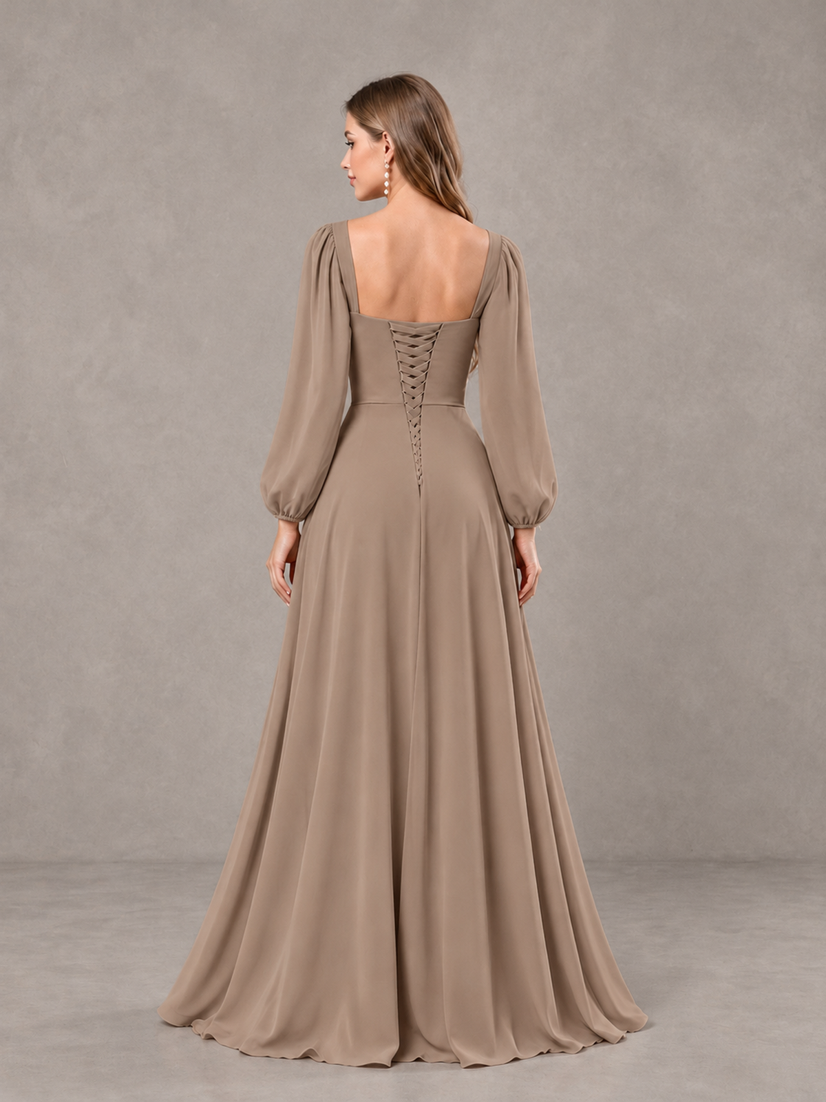 BOLODOO Taupe Square Neck Long Sleeve Bridesmaid Dress with Ruffle Slit - Taupe - Taupe_2