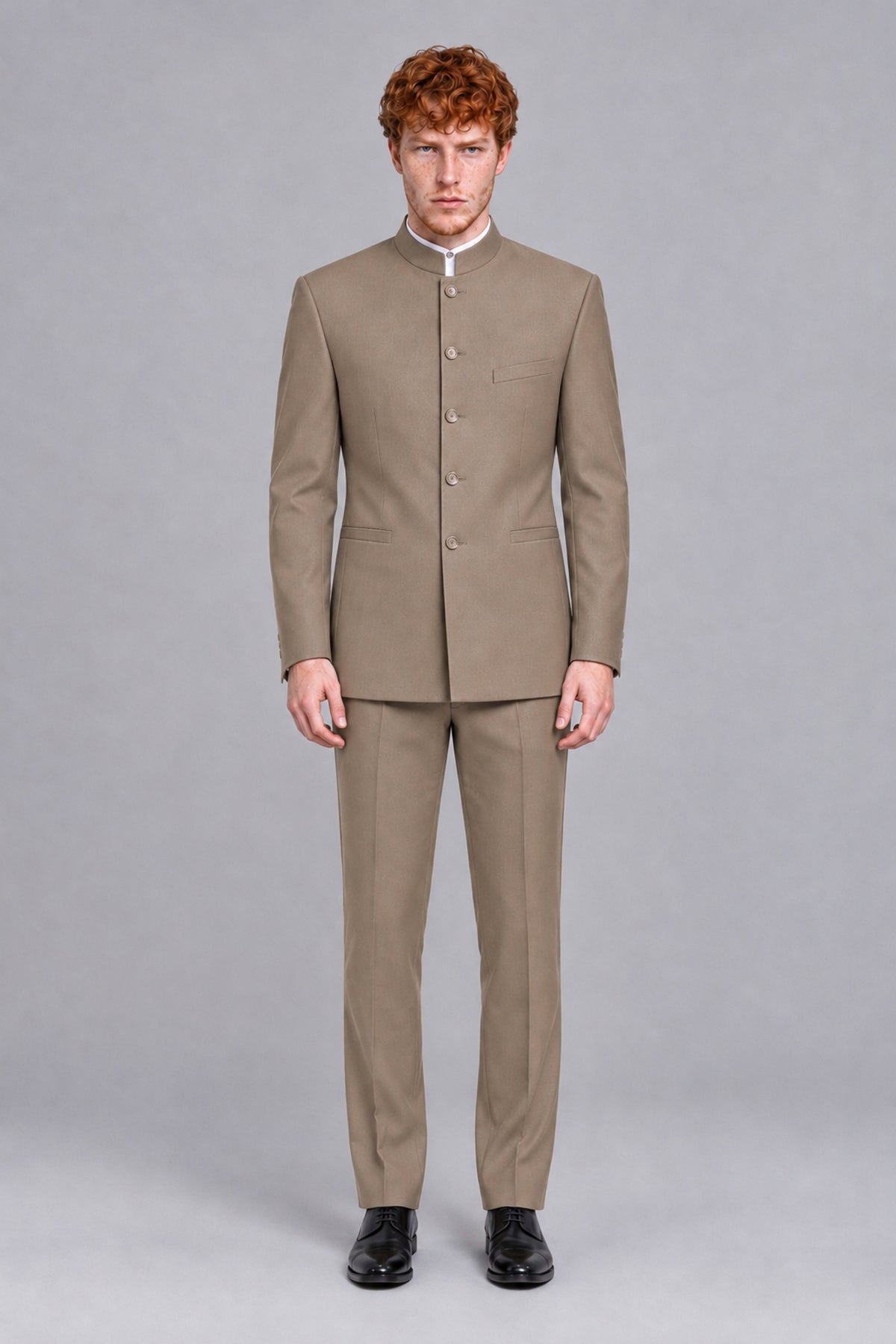 BOLODOO Men's Taupe Mandarin Collar Two-Piece Suit - Taupe - Taupe_2