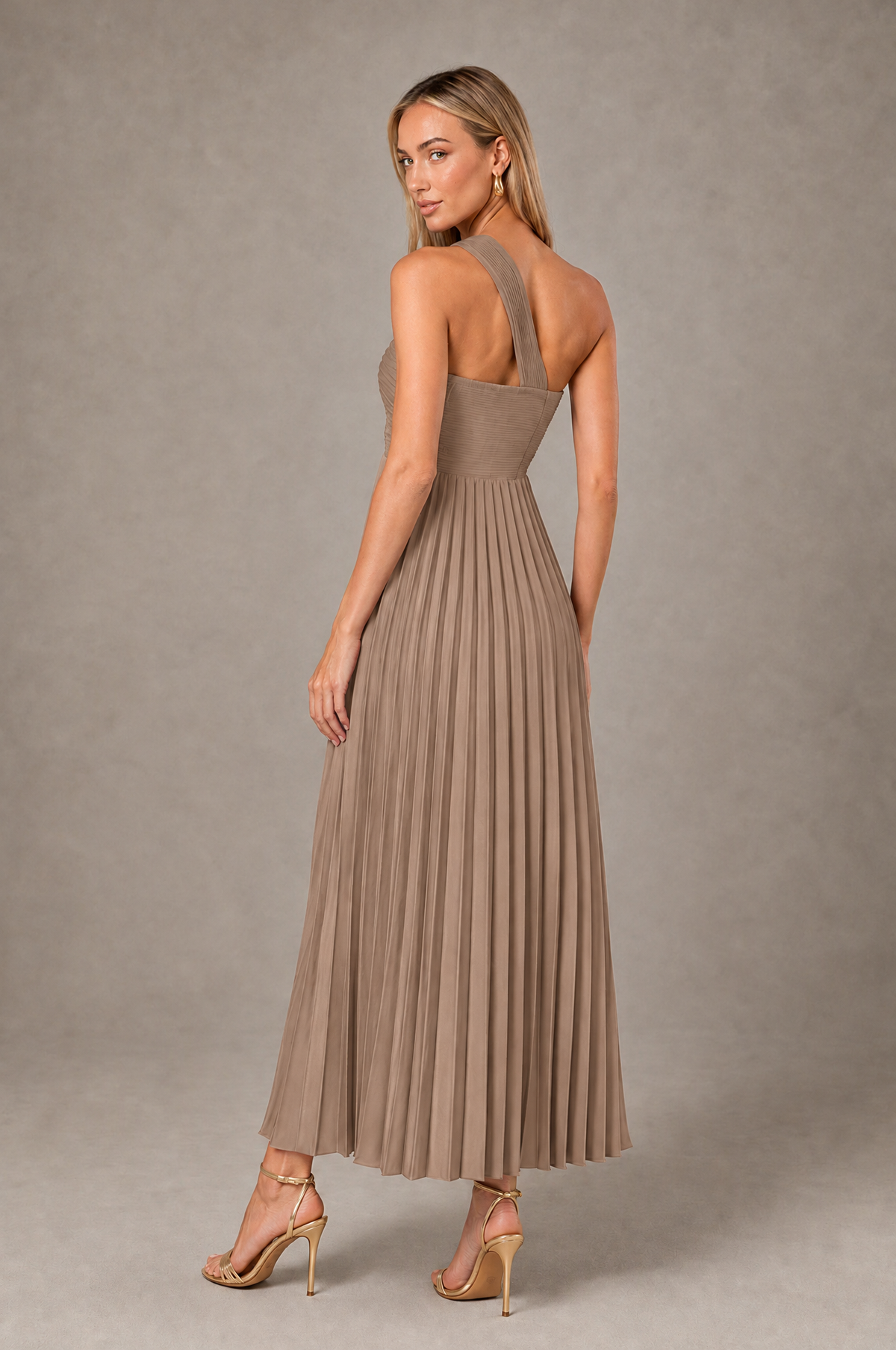 BOLODOO Taupe One-Shoulder Twist Knot Pleated Satin Midi Dress with Cutout - Taupe - Taupe_2
