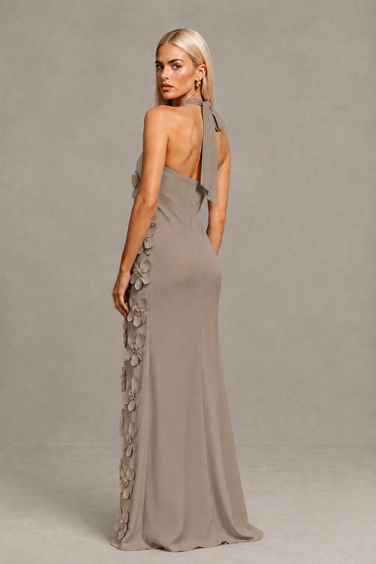 BOLODOO Taupe Cross Halter Neck 3D Floral Appliqué Backless Mermaid Maxi Gown - Taupe - Taupe_2