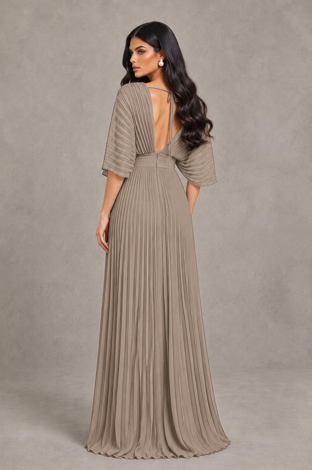 BOLODOO Taupe V-Neck Pleated Flutter Sleeve Formal Dress - Taupe - Taupe_2