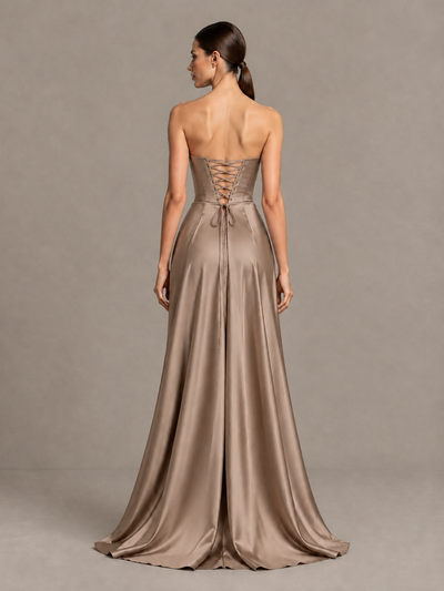 BOLODOO Taupe Strapless Satin High-Slit Lace-Up Prom Dress - Taupe - Taupe_2