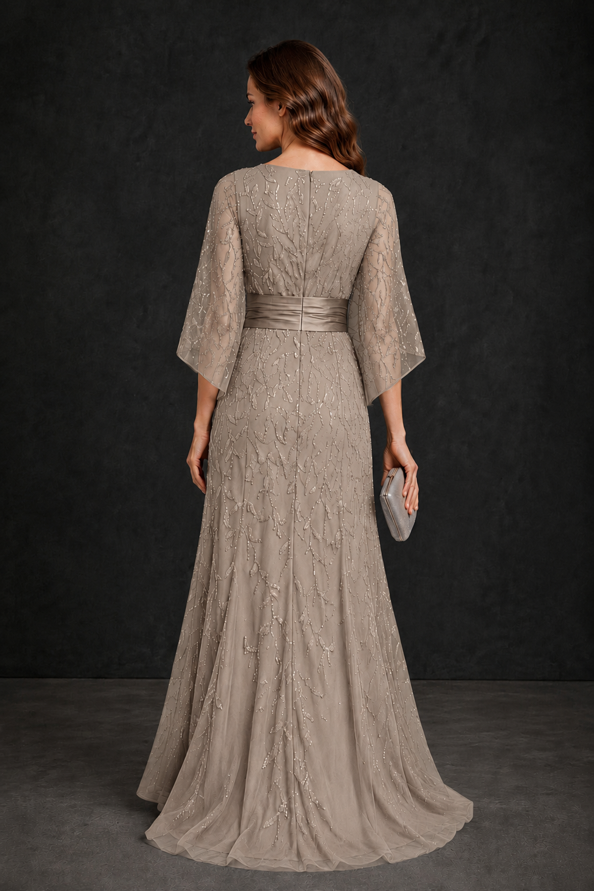 BOLODOO Taupe Bateau Neck Bell Sleeve Sequin Embroidered Satin Waist A-Line Maxi Dress - Taupe - Taupe_2