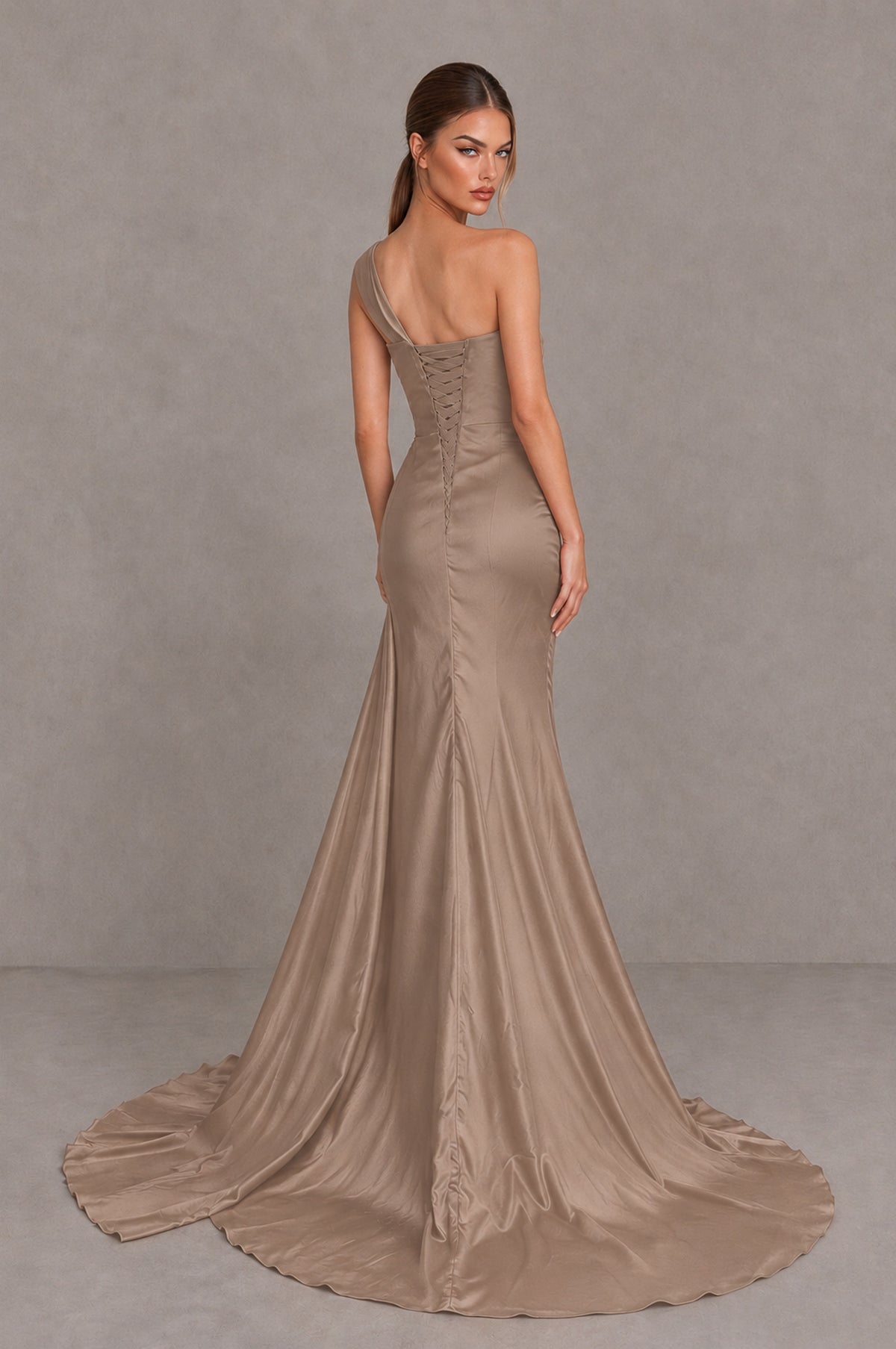 BOLODOO Taupe One Shoulder Satin Mermaid Evening Dress with Ruched Slit Skirt - Taupe - Taupe_2