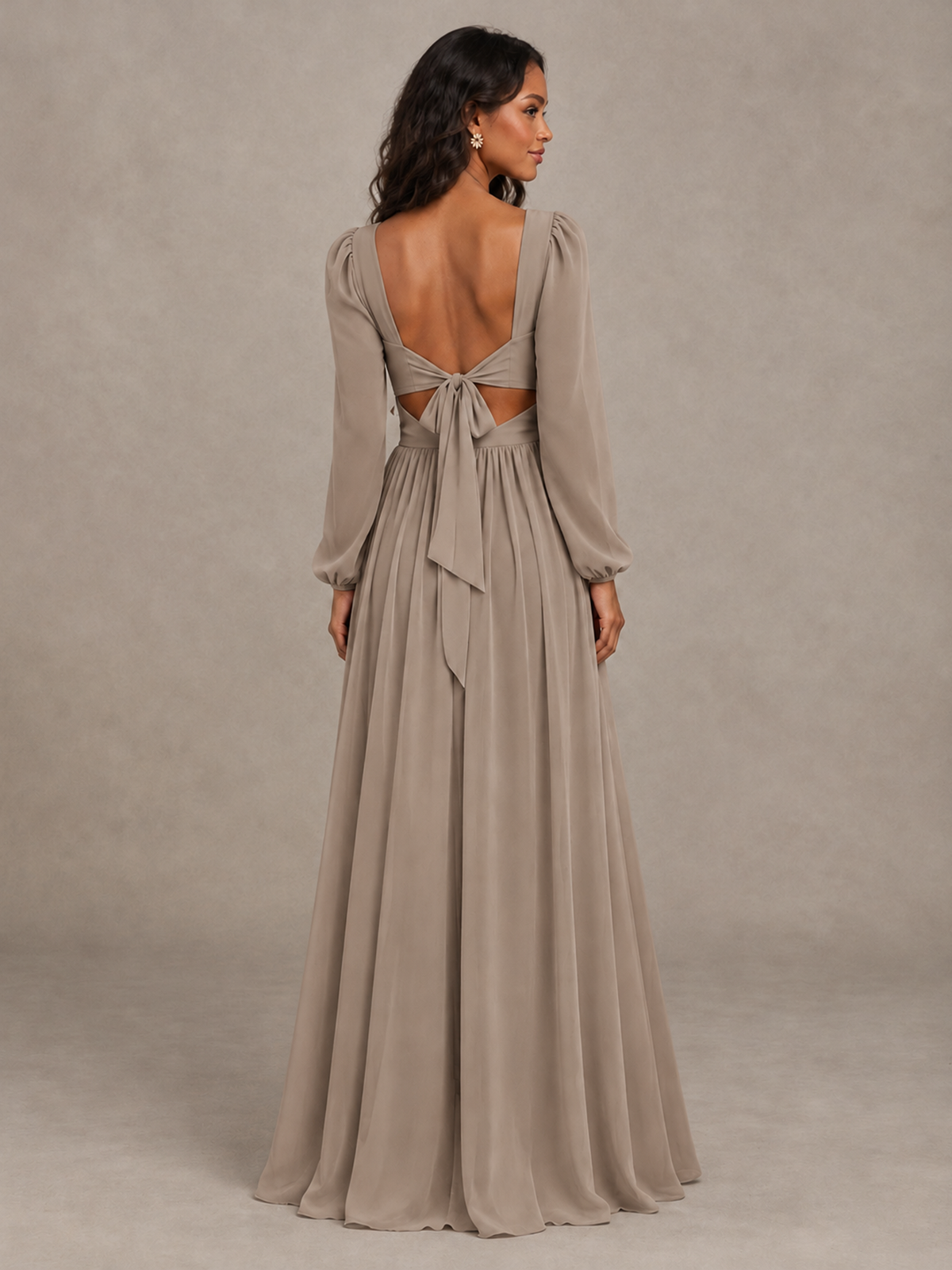 BOLODOO Taupe V-Neck Long Sleeve Bridesmaid Dress with Tie Back and Slit - Taupe - Taupe_2