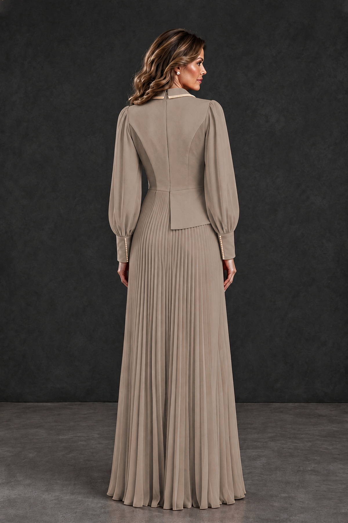 BOLODOO Taupe Long Sleeve Pleated Mother of the Bride Dress - Taupe - Taupe_2