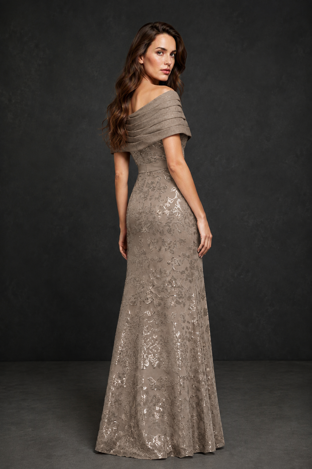 BOLODOO Taupe Off-Shoulder Sequin Lace Mermaid Evening Gown | Mother of the Bride Formal Dress - Taupe