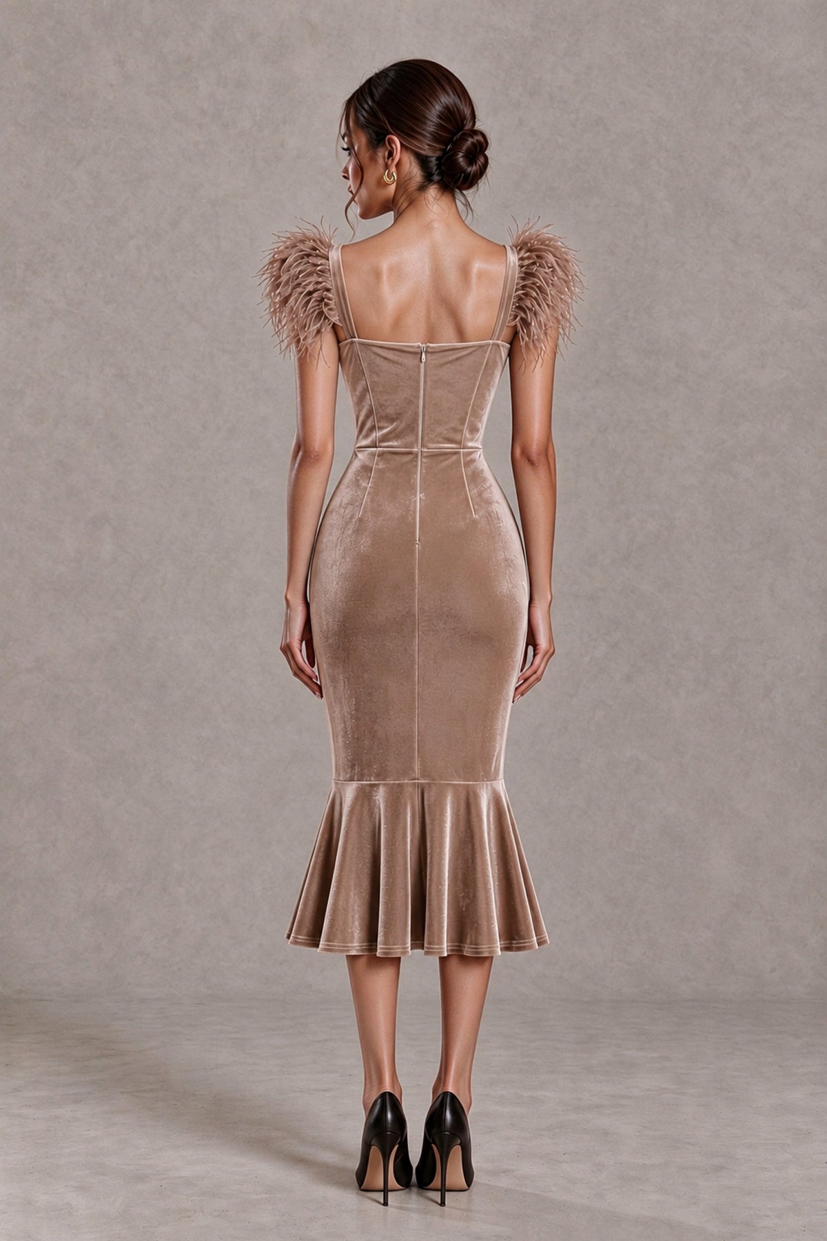 BOLODOO Taupe Feather-Trim Velvet-Look Mermaid Midi Dress - Taupe - Taupe_2
