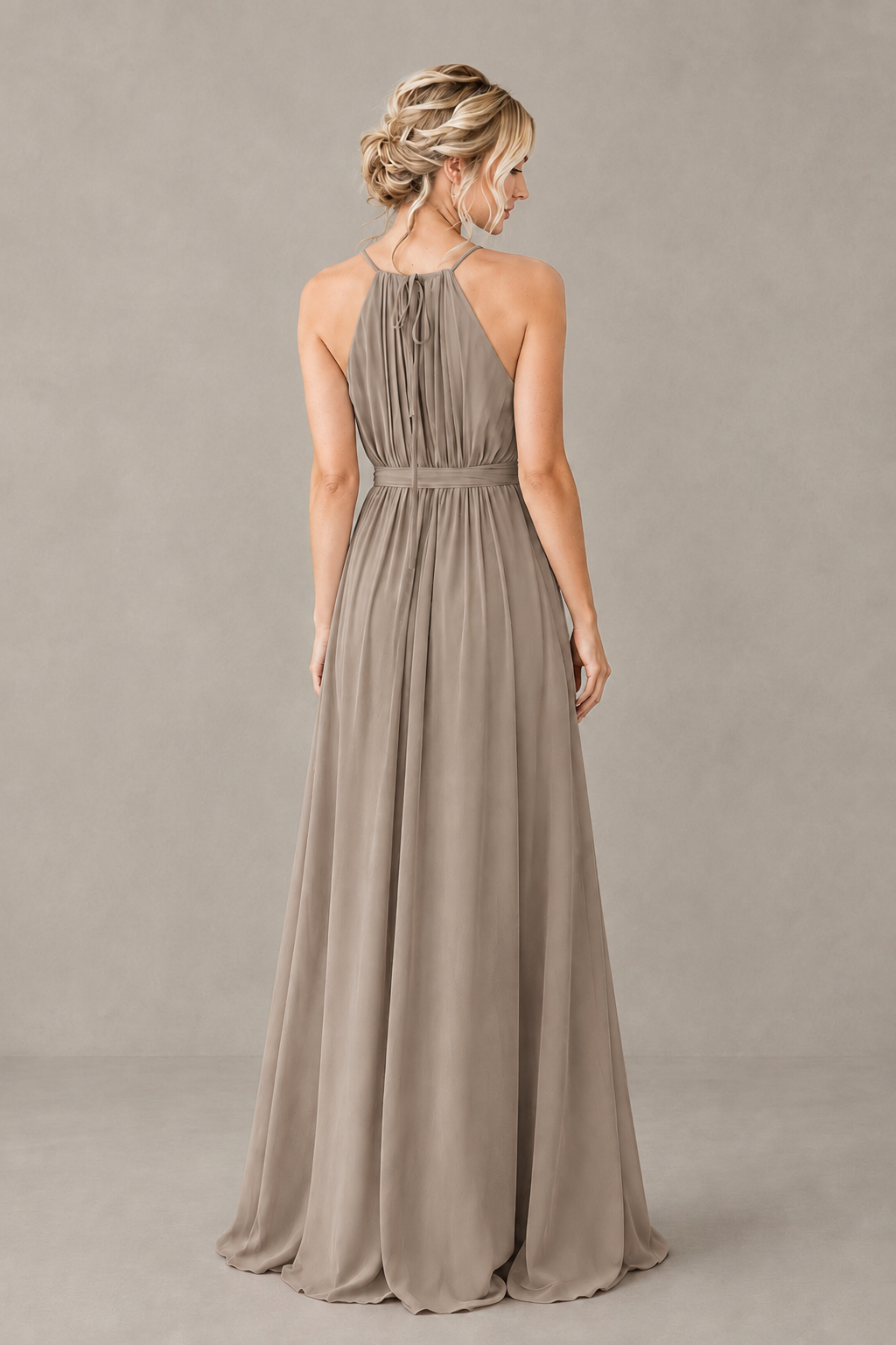 BOLODOO Taupe Halter Chiffon Bridesmaid Dress with High Slit - Taupe