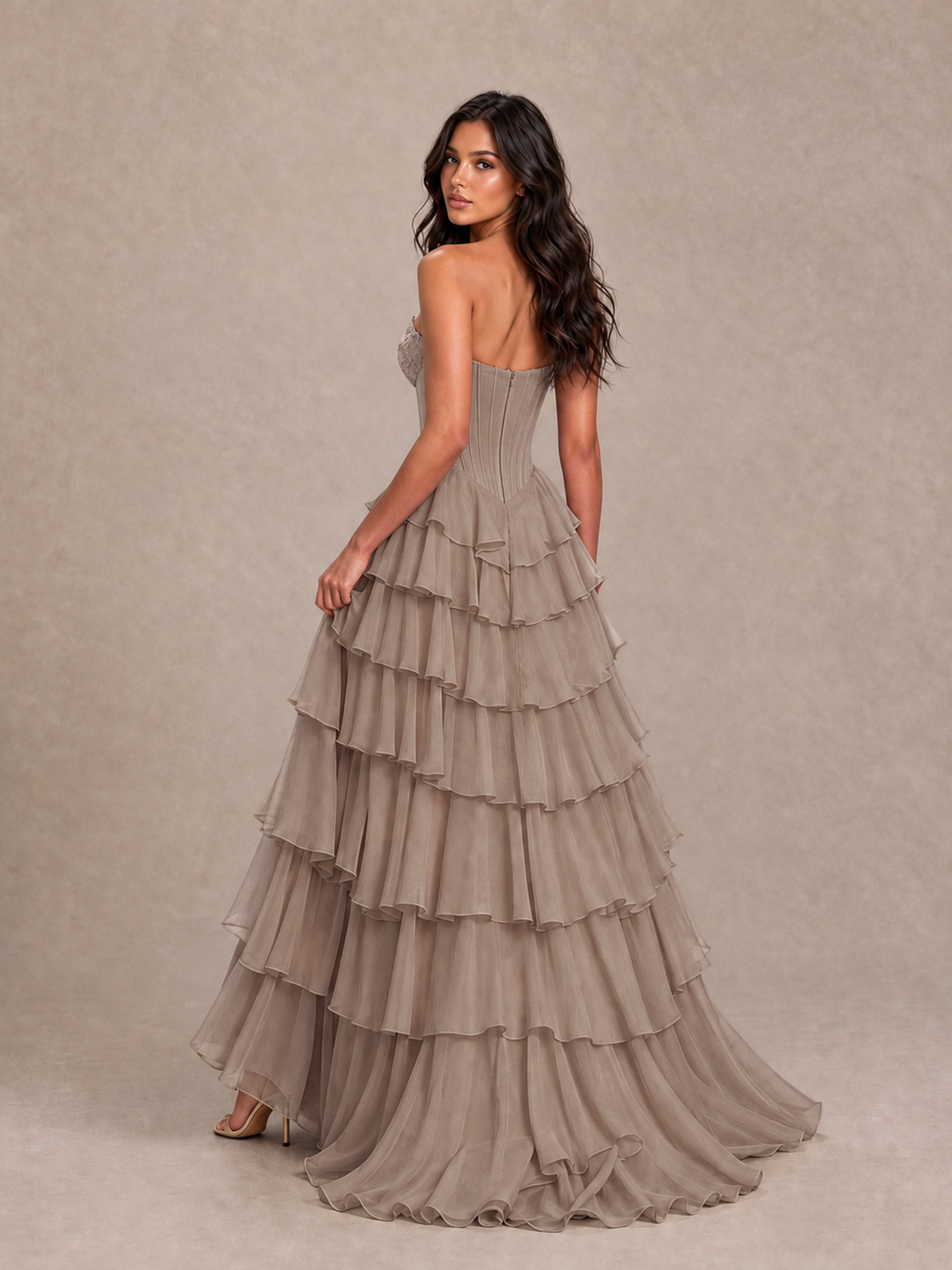 BOLODOO Taupe Strapless Corset Tiered Ruffle Prom Dress with High Slit - Taupe - Taupe_2