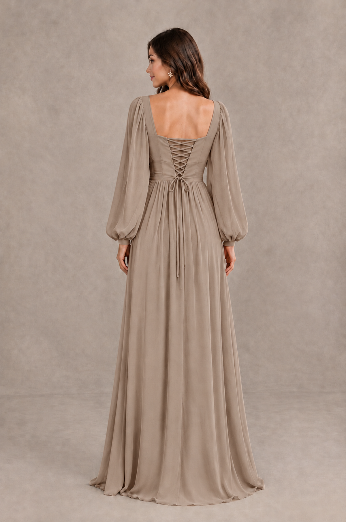 BOLODOO Taupe Long Sleeve V-Neck A-Line Bridesmaid Dress - Taupe - Taupe_2