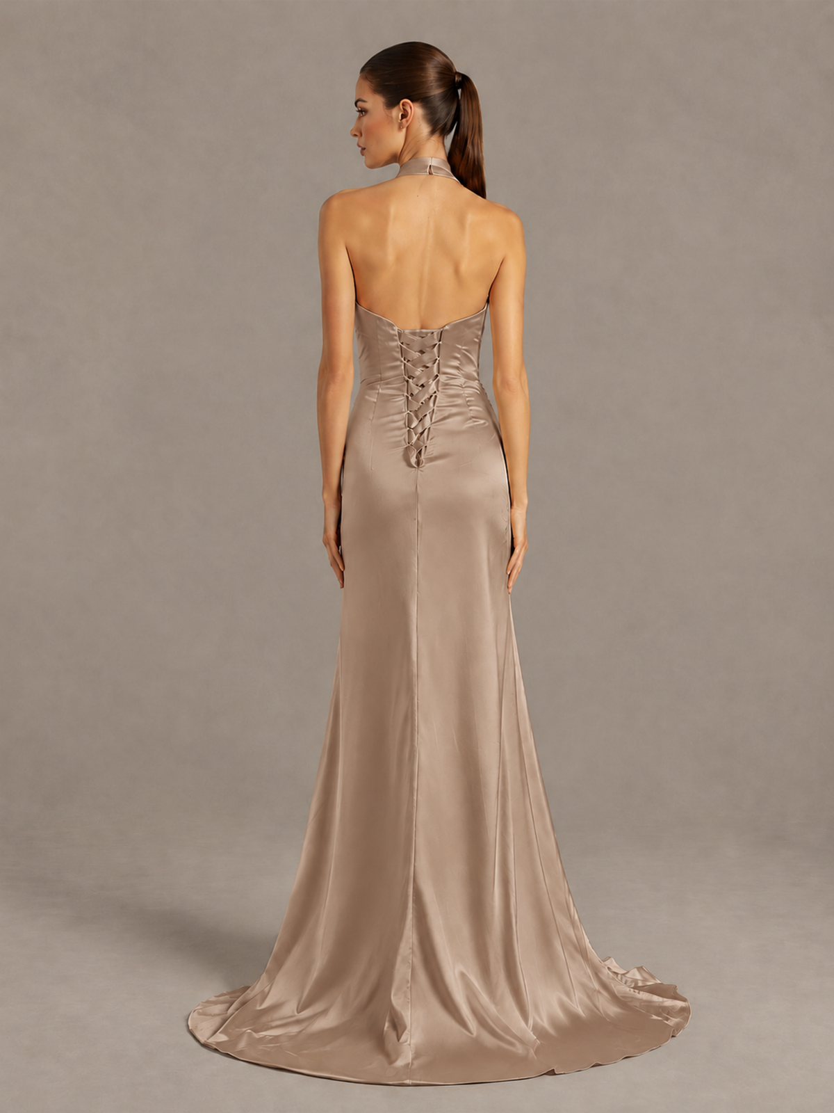 BOLODOO Taupe Halter Satin Evening & Prom Dress with High Slit - Taupe - Taupe_2