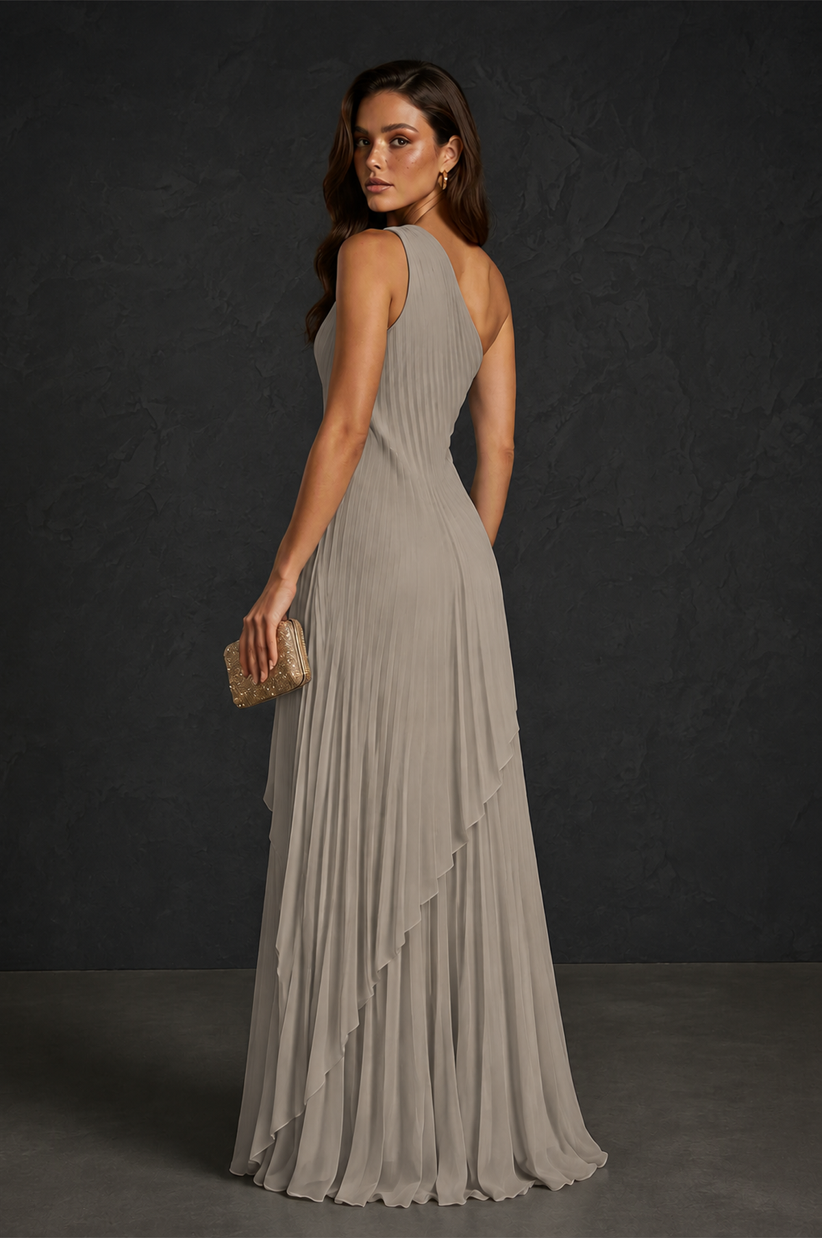 BOLODOO Taupe One-Shoulder Sunburst Pleated Asymmetric Layered Overlay Accordion Pleated Chiffon Maxi Dress - Taupe