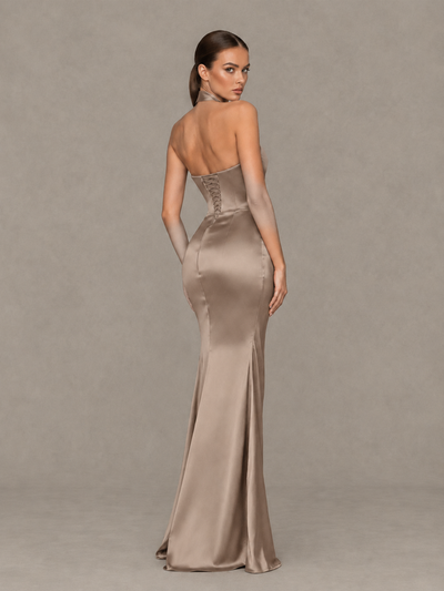 BOLODOO Taupe Cross-Halter Ruched Satin-Look Evening Gown with High Slit - Taupe - Taupe_2