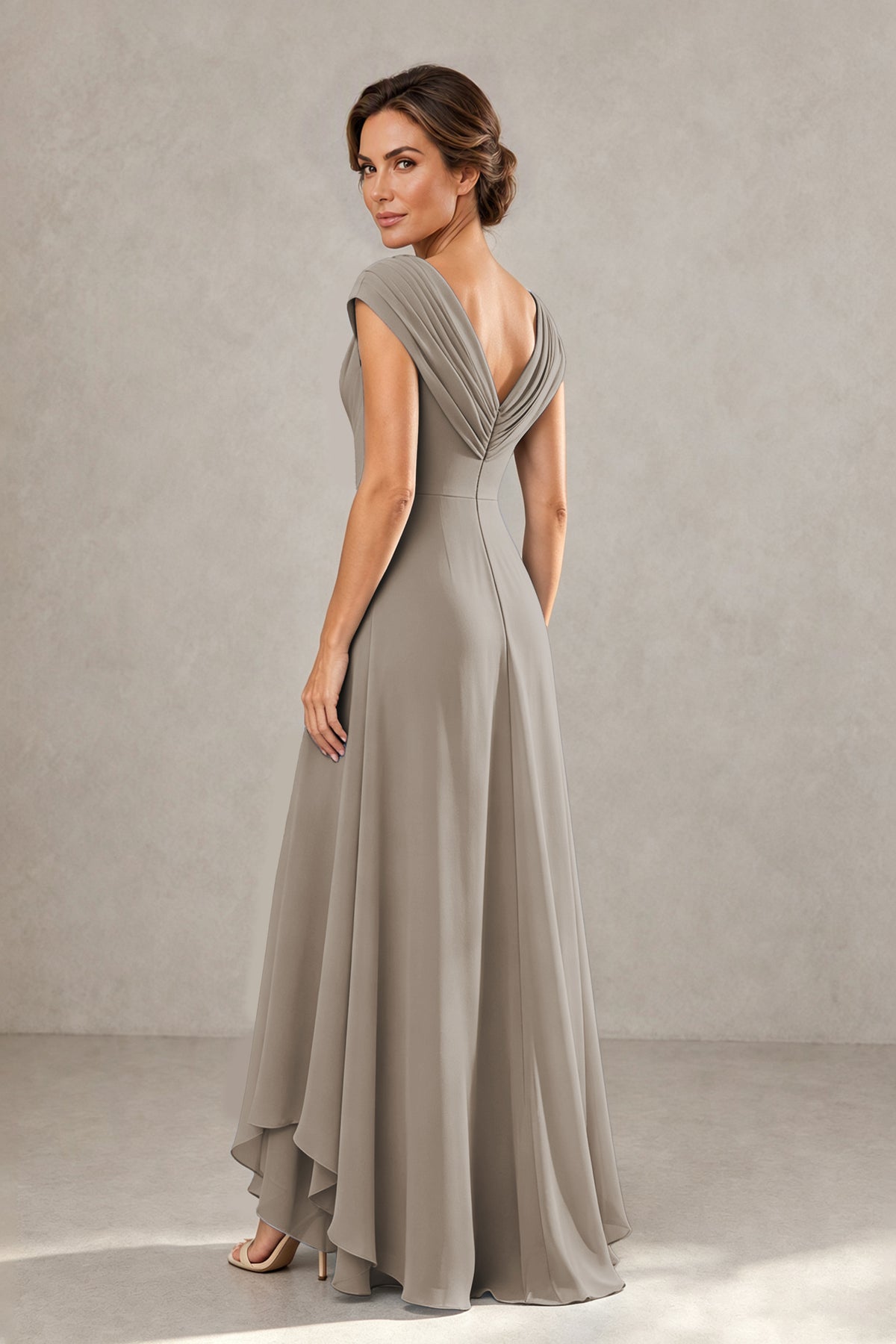 BOLODOO Taupe V-Neck High-Low Mother of the Bride Dress - Taupe