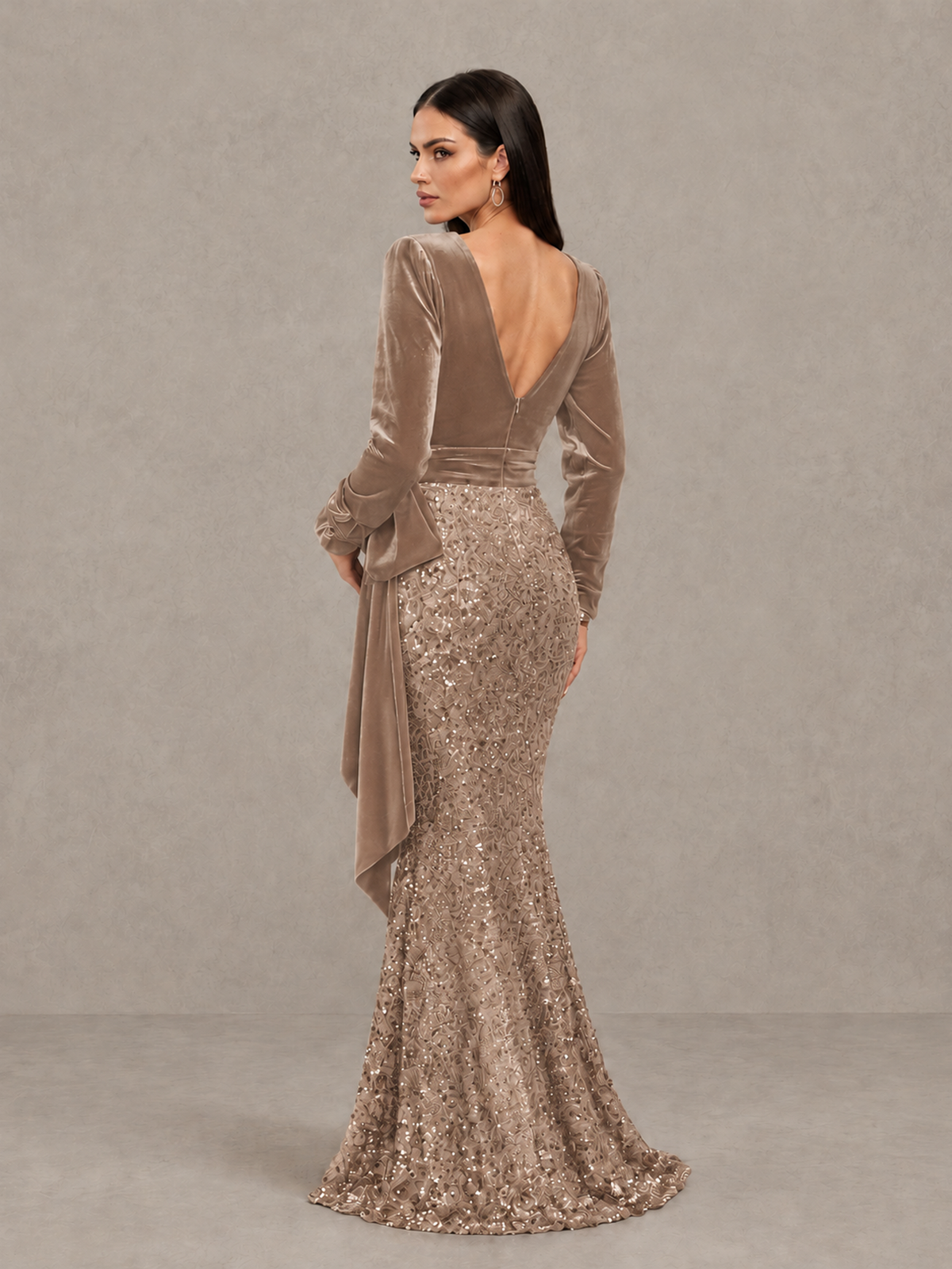 BOLODOO Taupe Velvet & Sequin Long Sleeve V-Neck Mermaid Evening Gown - Taupe - Taupe_2