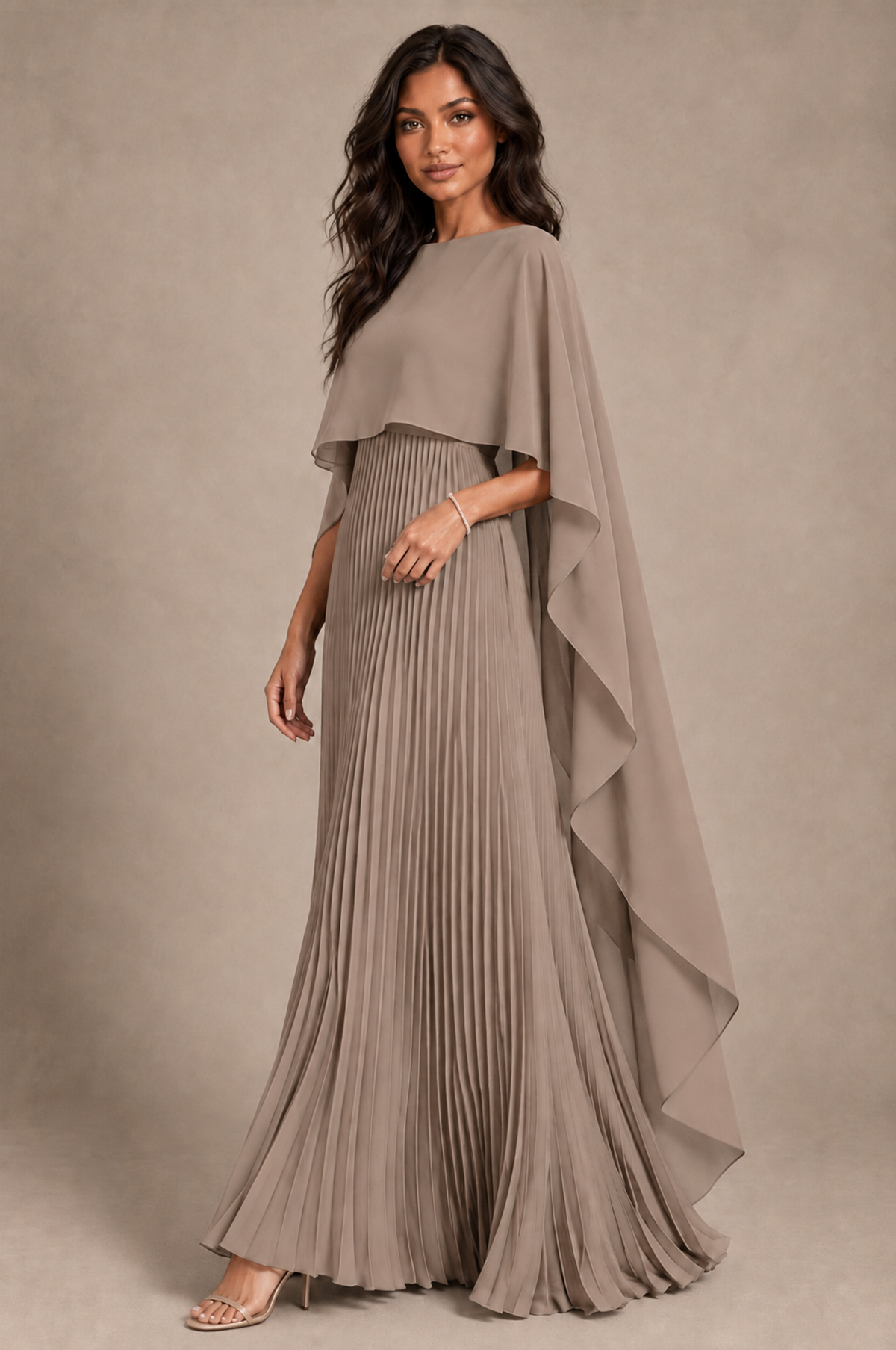 BOLODOO Taupe Pleated Cape A-Line Evening Dress - Taupe - Taupe_2