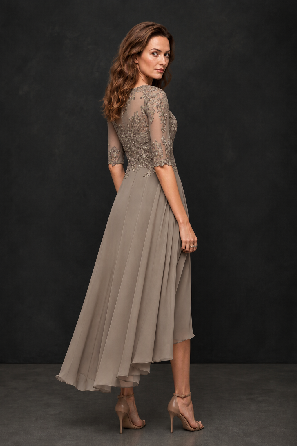 BOLODOO Taupe Illusion Lace 3/4 Sleeve Hi-Lo Chiffon A-Line Dress | Mother of the Bride Tea Length Dress - Taupe
