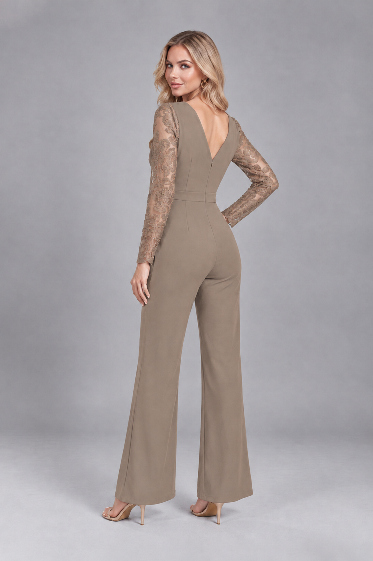 BOLODOO Taupe Lace Long-Sleeve V-Neck Mother Pant Suit - Taupe - Taupe_2
