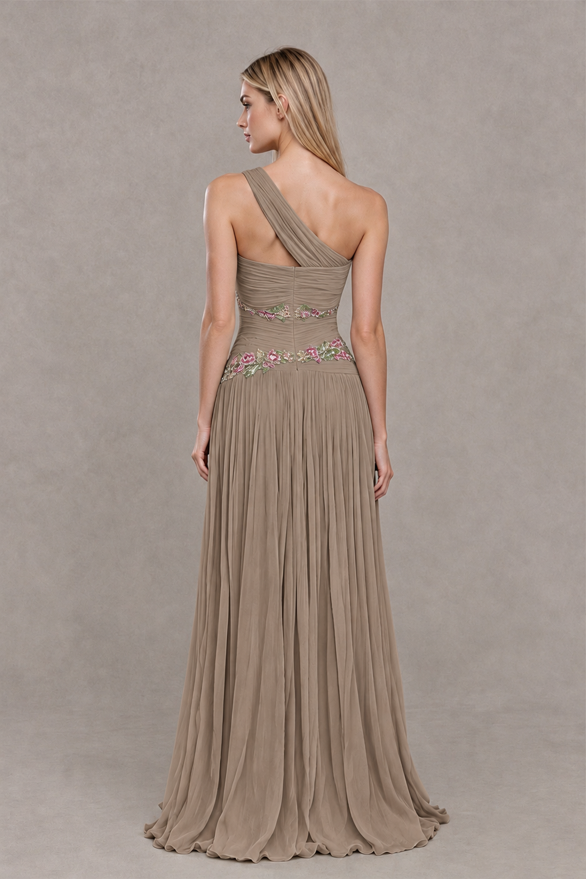 BOLODOO Taupe One-Shoulder Floral Applique A-Line Evening Dress - Taupe - Taupe_2